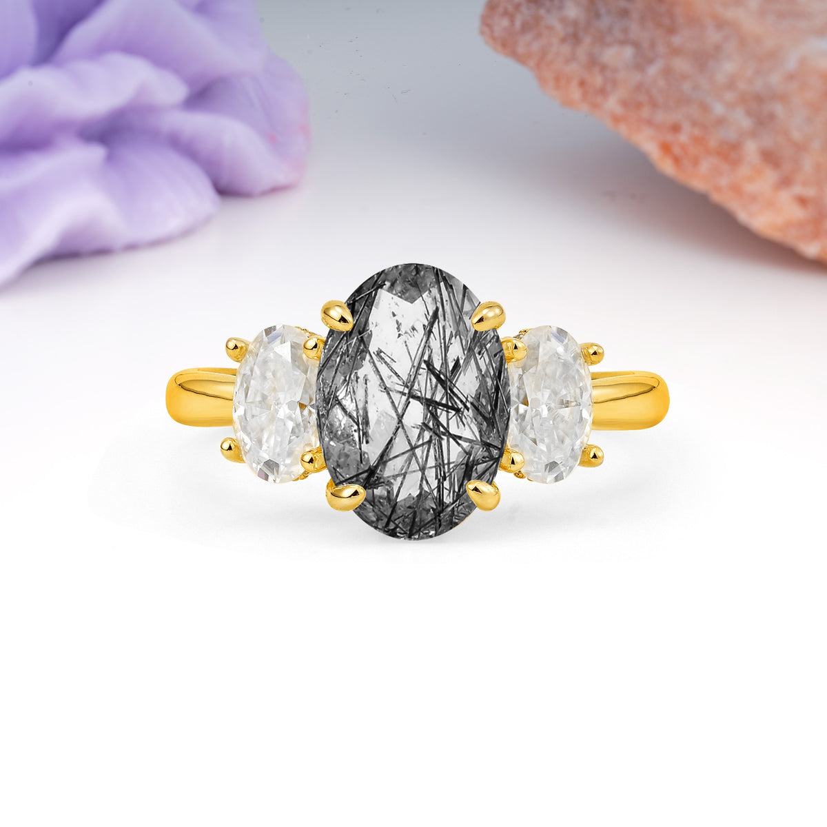 Three Stone Oval Center Solitaire Symmetric Oval Cut Side Ball Prong Smooth Shank Black Rutilated Quartz Engagement Ring - Additional view