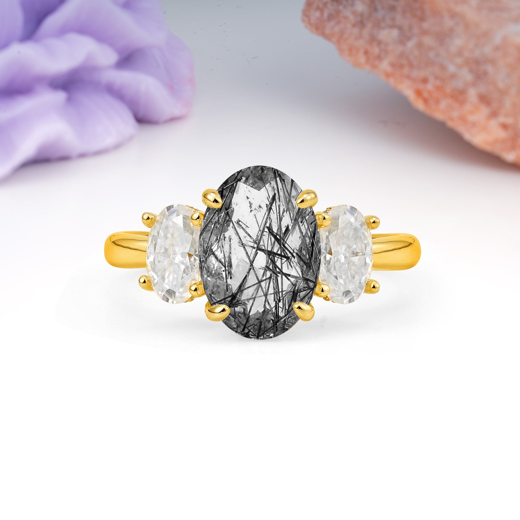 Three Stone Oval Center Solitaire Symmetric Oval Cut Side Ball Prong Smooth Shank Black Rutilated Quartz Engagement Ring - Additional view