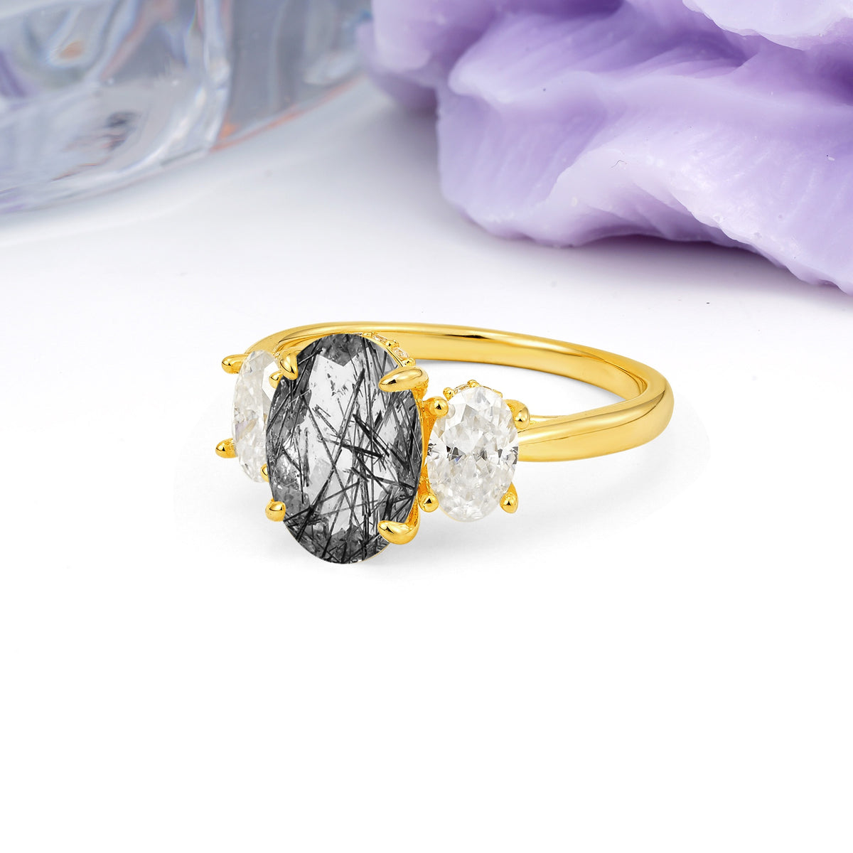 Three Stone Oval Center Solitaire Symmetric Oval Cut Side Ball Prong Smooth Shank Black Rutilated Quartz Engagement Ring - Additional view