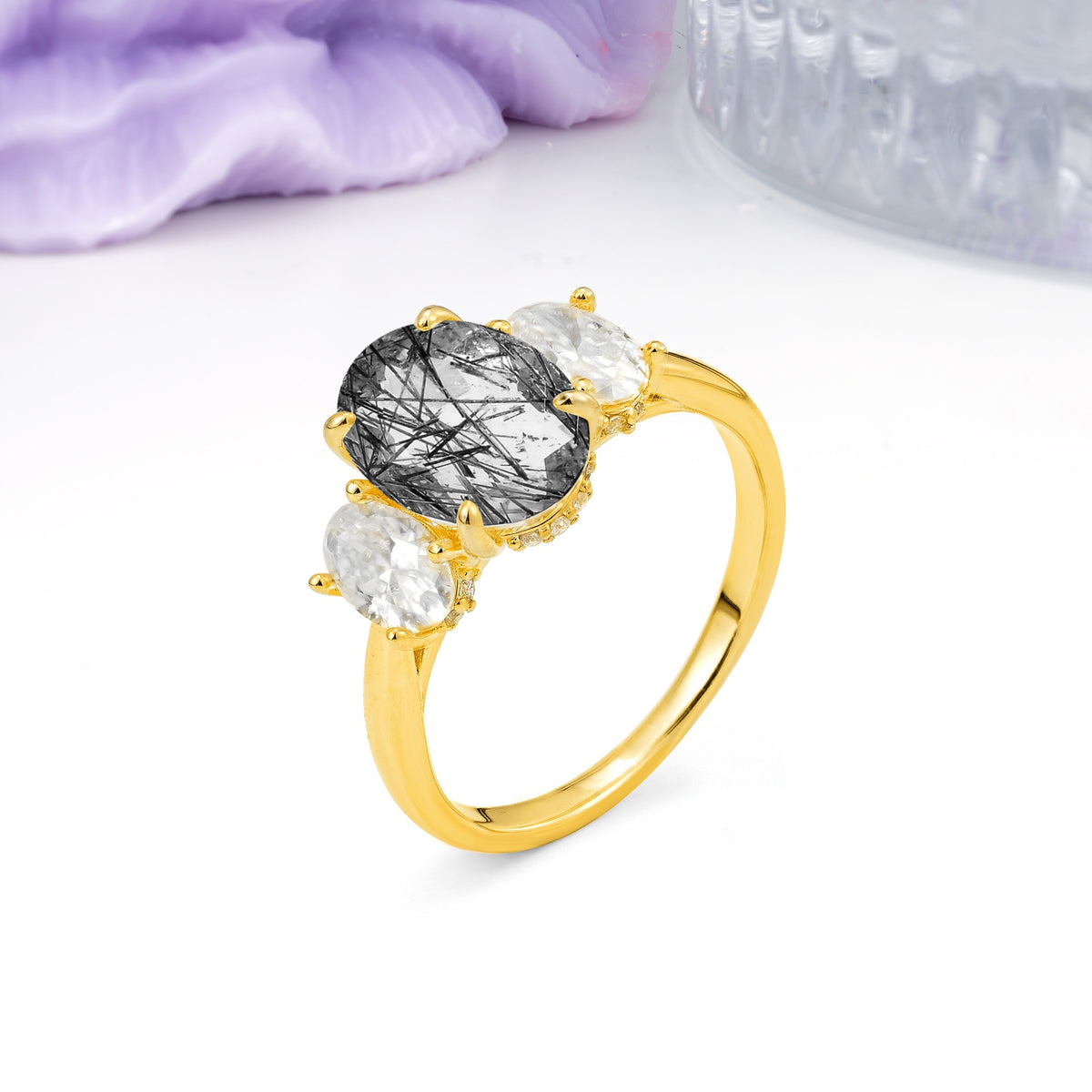 Three Stone Oval Center Solitaire Symmetric Oval Cut Side Ball Prong Smooth Shank Black Rutilated Quartz Engagement Ring - Additional view