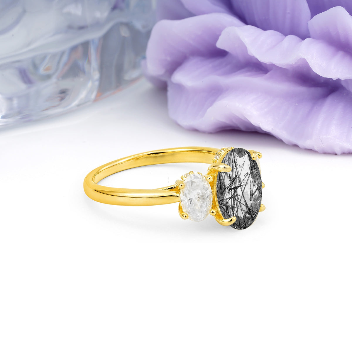 Three Stone Oval Center Solitaire Symmetric Oval Cut Side Ball Prong Smooth Shank Black Rutilated Quartz Engagement Ring - Additional view