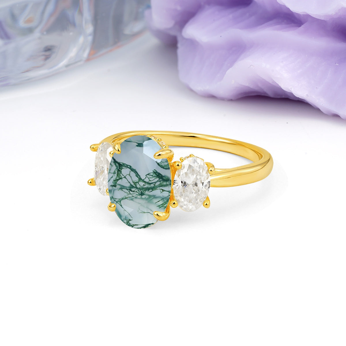 Three Stone Oval Center Solitaire Symmetric Oval Cut Side Ball Prong Smooth Shank Moss Agate Engagement Ring - Additional view