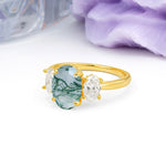 Three Stone Oval Center Solitaire Symmetric Oval Cut Side Ball Prong Smooth Shank Moss Agate Engagement Ring - Additional view