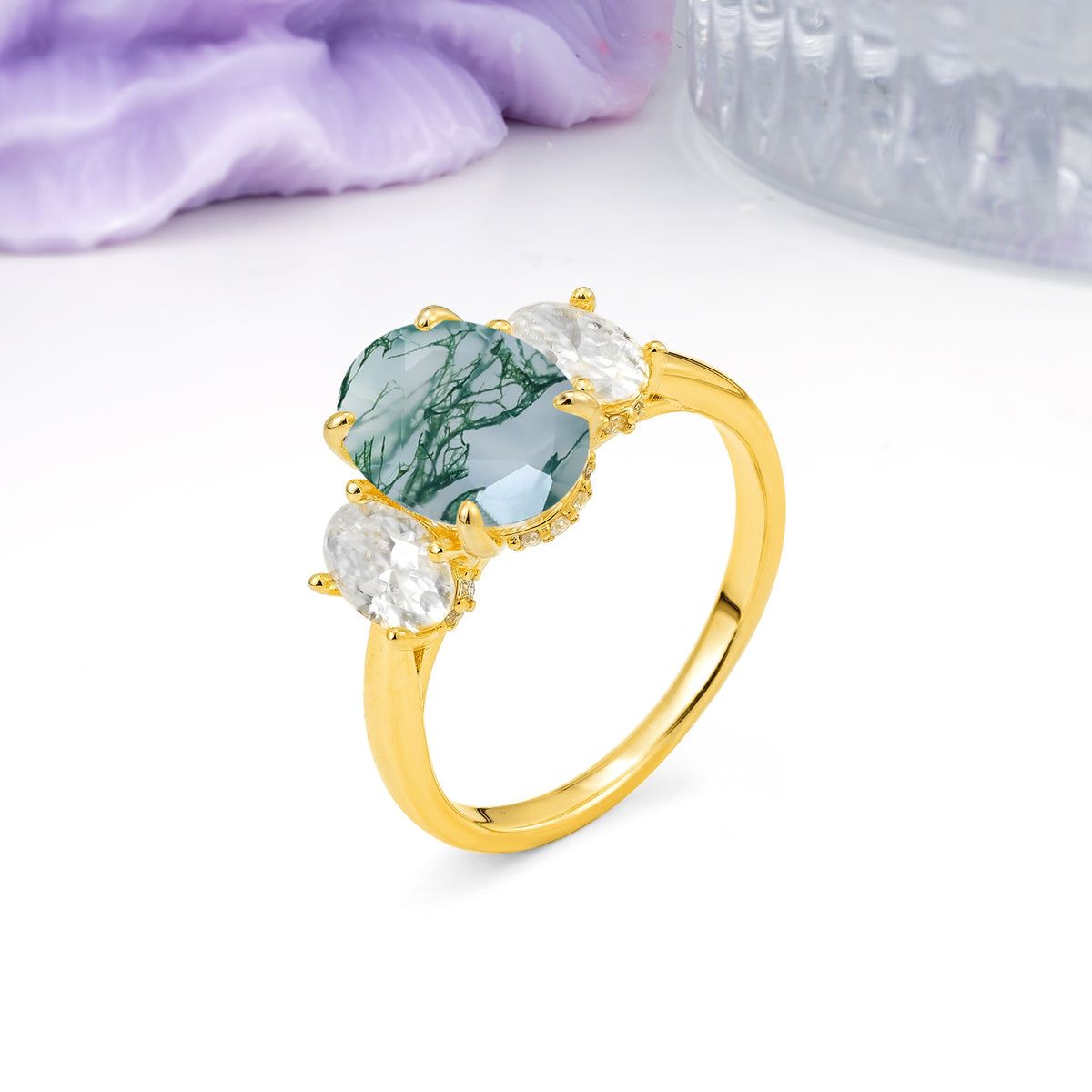 Three Stone Oval Center Solitaire Symmetric Oval Cut Side Ball Prong Smooth Shank Moss Agate Engagement Ring - Additional view