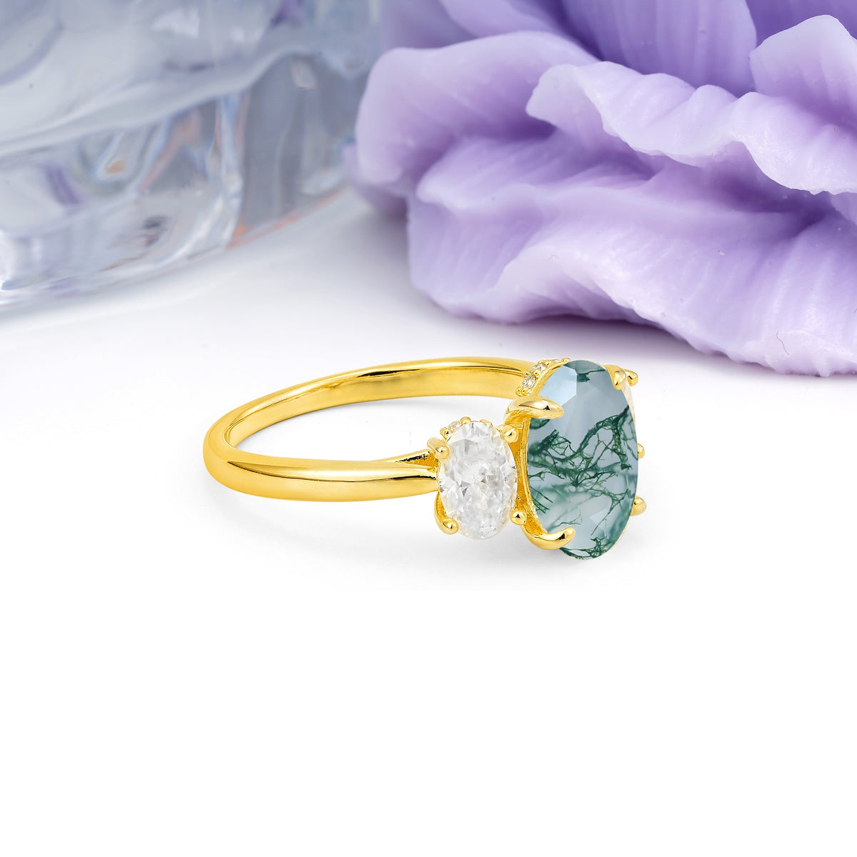 Three Stone Oval Center Solitaire Symmetric Oval Cut Side Ball Prong Smooth Shank Moss Agate Engagement Ring - Additional view