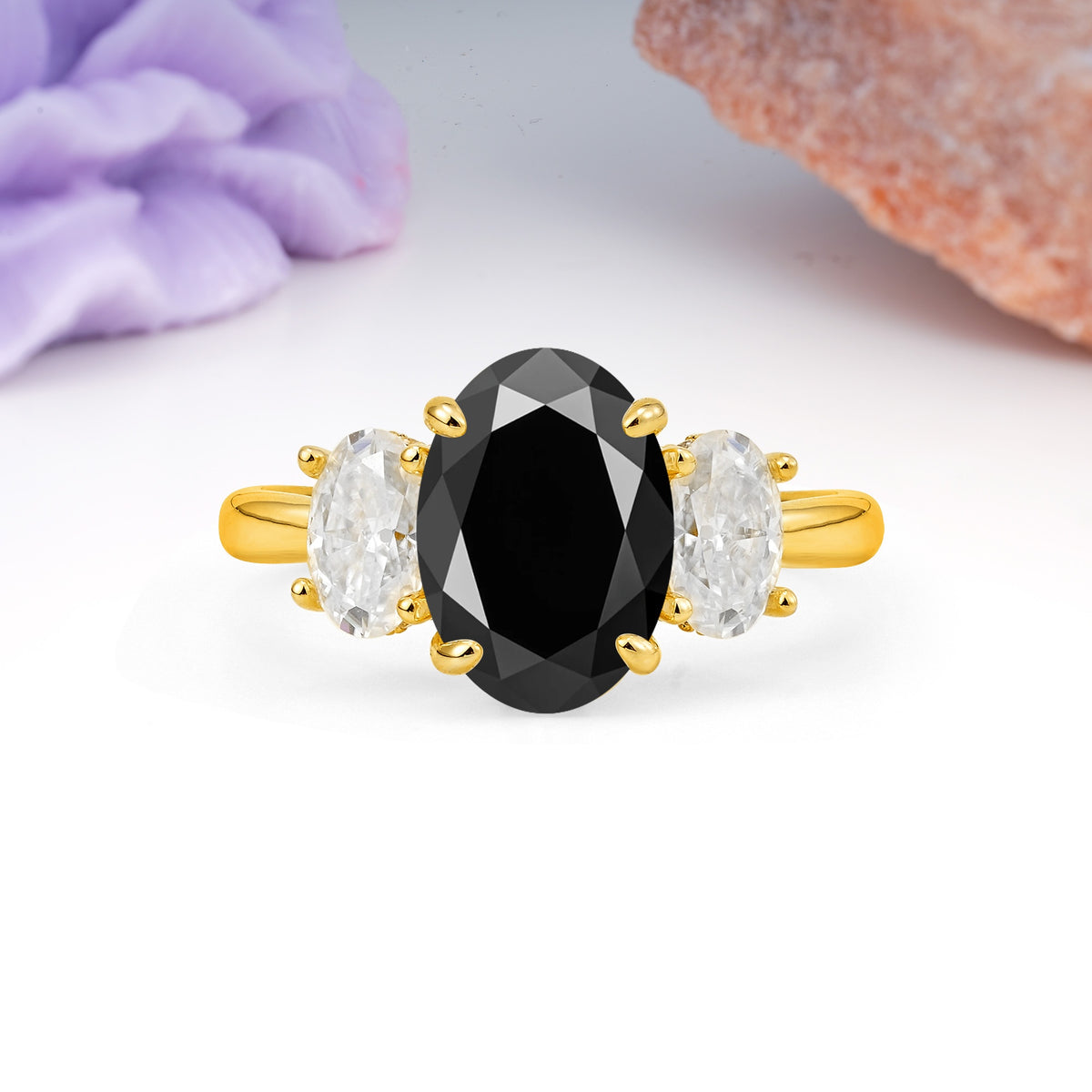 Three Stone Oval Center Solitaire Symmetric Oval Cut Side Ball Prong Smooth Shank Black Onyx Engagement Ring - Additional view
