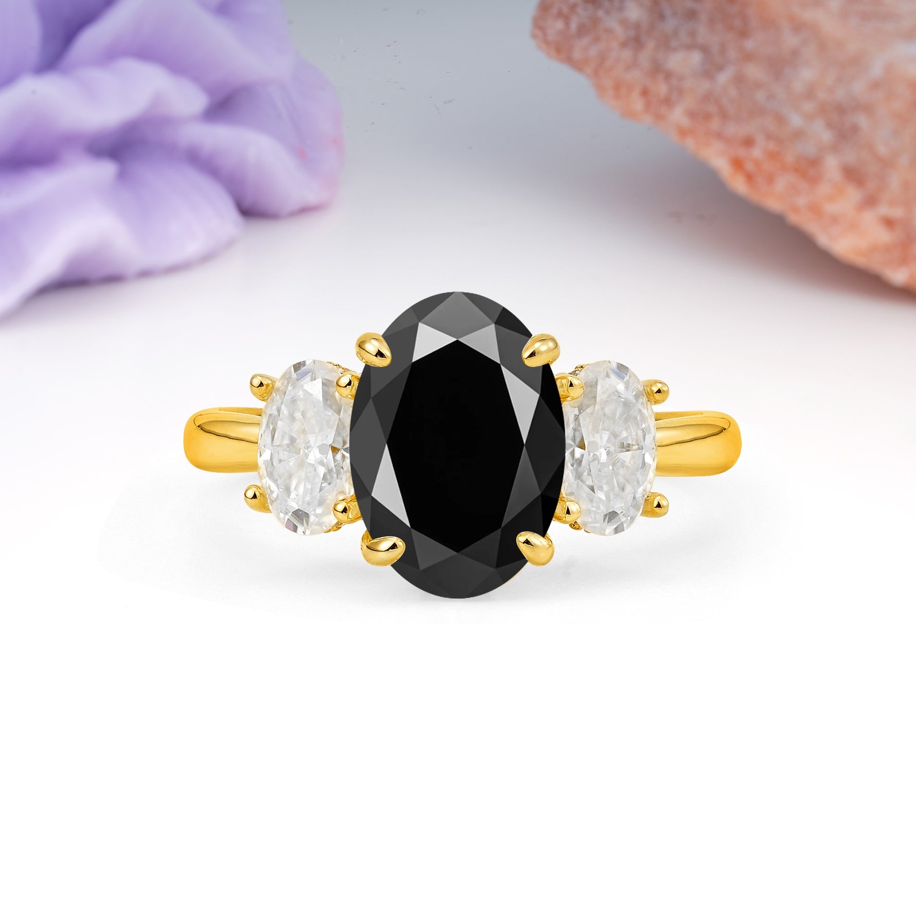 Three Stone Oval Center Solitaire Symmetric Oval Cut Side Ball Prong Smooth Shank Black Onyx Engagement Ring - Additional view
