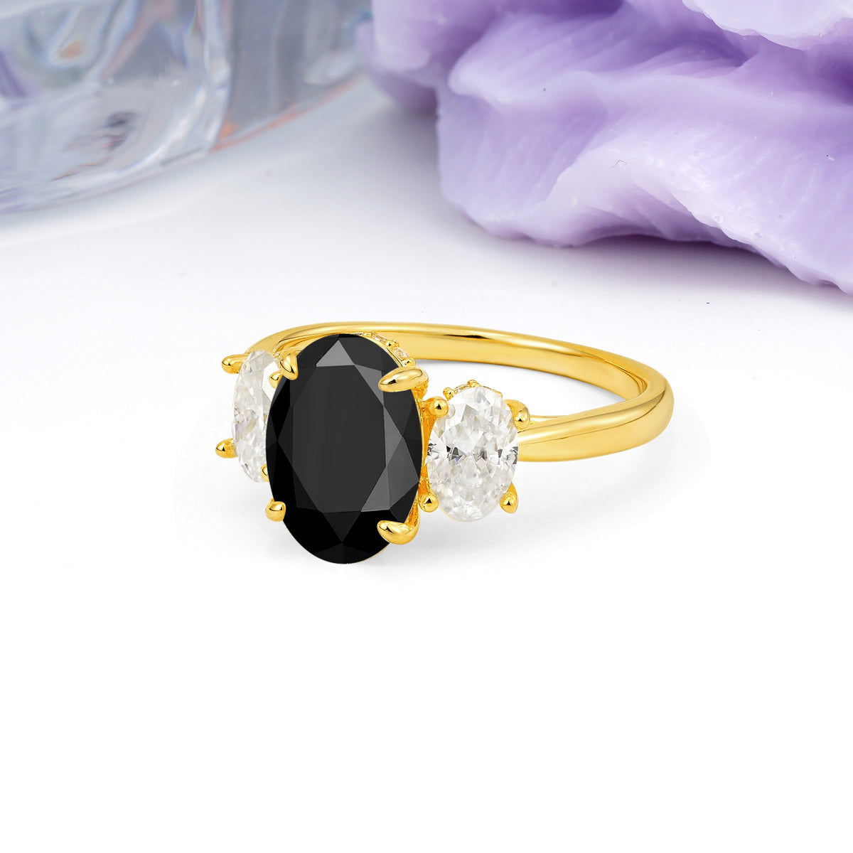 Three Stone Oval Center Solitaire Symmetric Oval Cut Side Ball Prong Smooth Shank Black Onyx Engagement Ring - Additional view