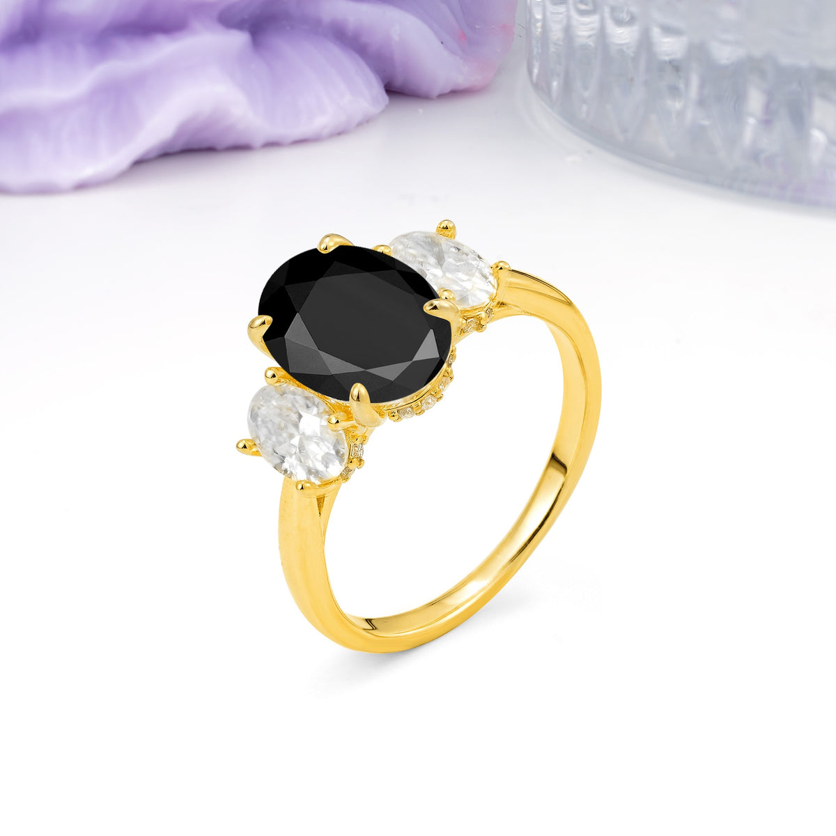 Three Stone Oval Center Solitaire Symmetric Oval Cut Side Ball Prong Smooth Shank Black Onyx Engagement Ring - Additional view