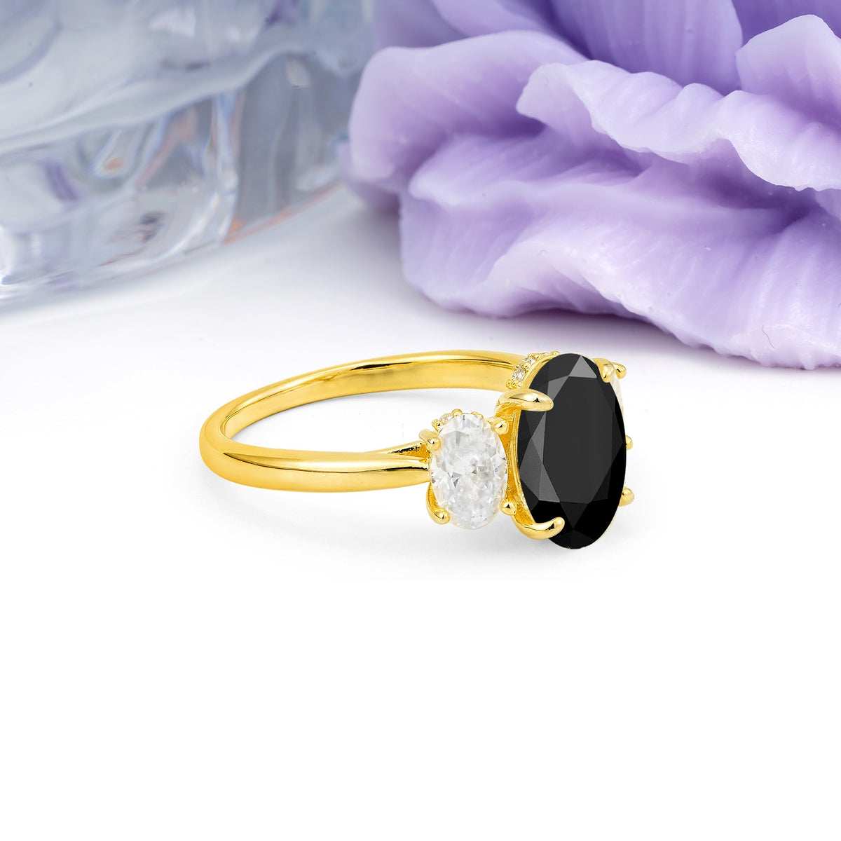 Three Stone Oval Center Solitaire Symmetric Oval Cut Side Ball Prong Smooth Shank Black Onyx Engagement Ring - Additional view