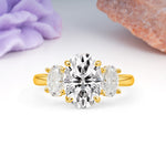 Three Stone Oval Center Solitaire Symmetric Oval Cut Side Ball Prong Smooth Shank Lab Diamond Engagement Ring - Additional view