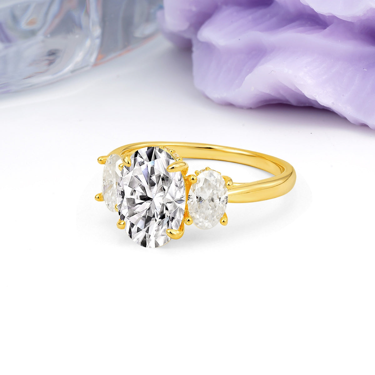 Three Stone Oval Center Solitaire Symmetric Oval Cut Side Ball Prong Smooth Shank Lab Diamond Engagement Ring - Additional view