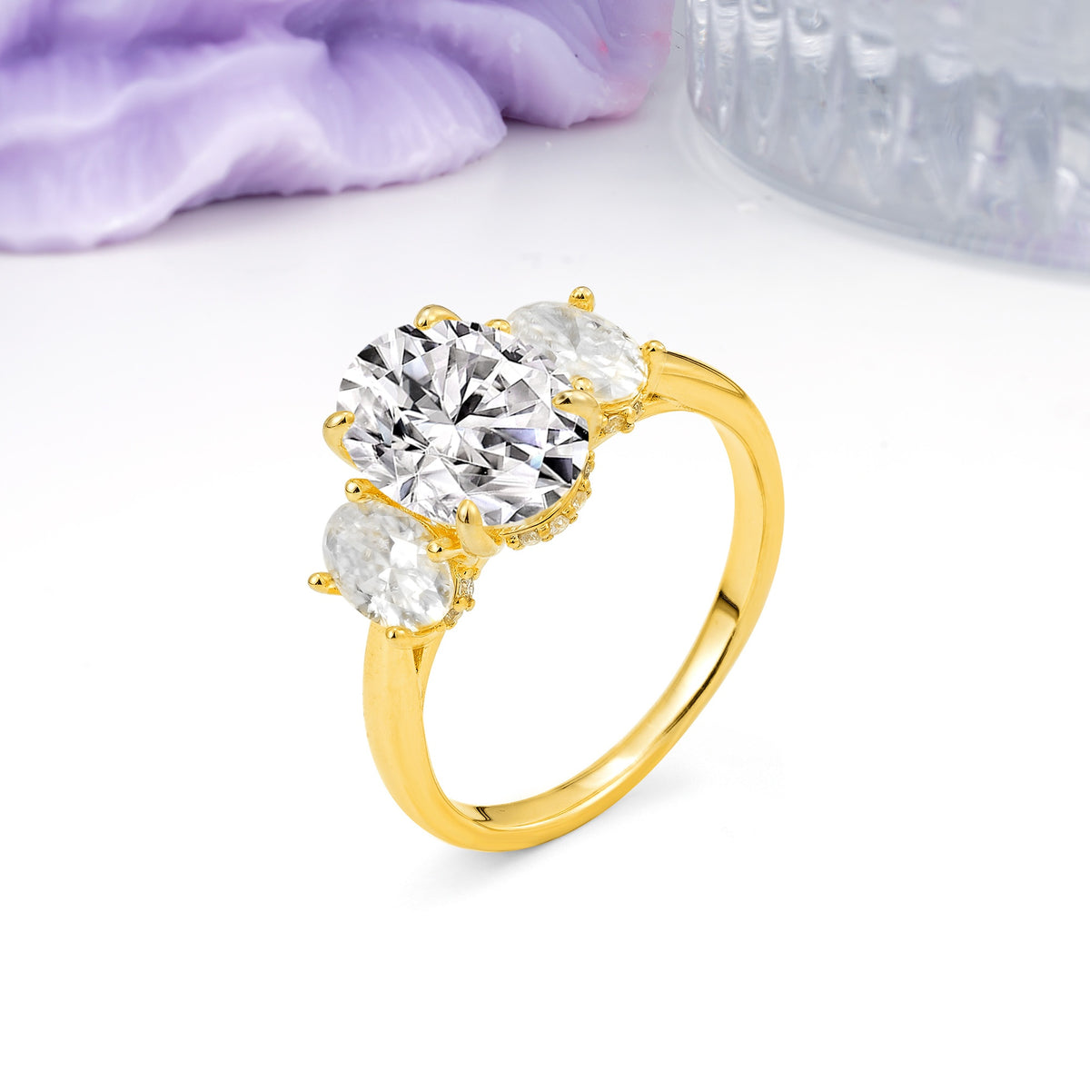 Three Stone Oval Center Solitaire Symmetric Oval Cut Side Ball Prong Smooth Shank Lab Diamond Engagement Ring - Additional view