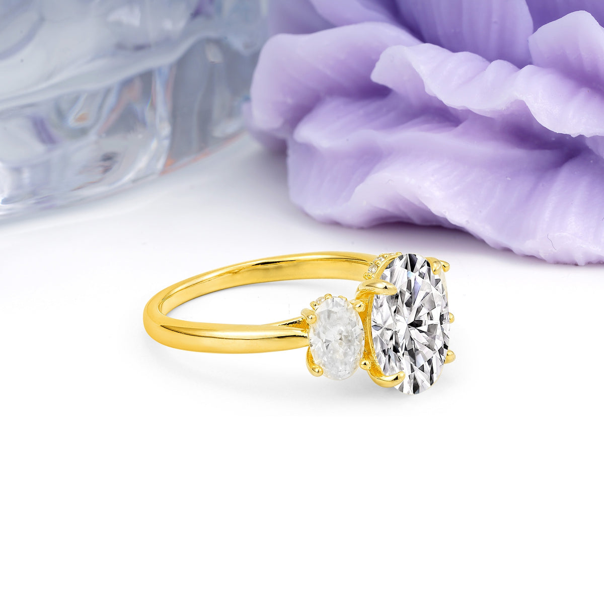 Three Stone Oval Center Solitaire Symmetric Oval Cut Side Ball Prong Smooth Shank Lab Diamond Engagement Ring - Additional view
