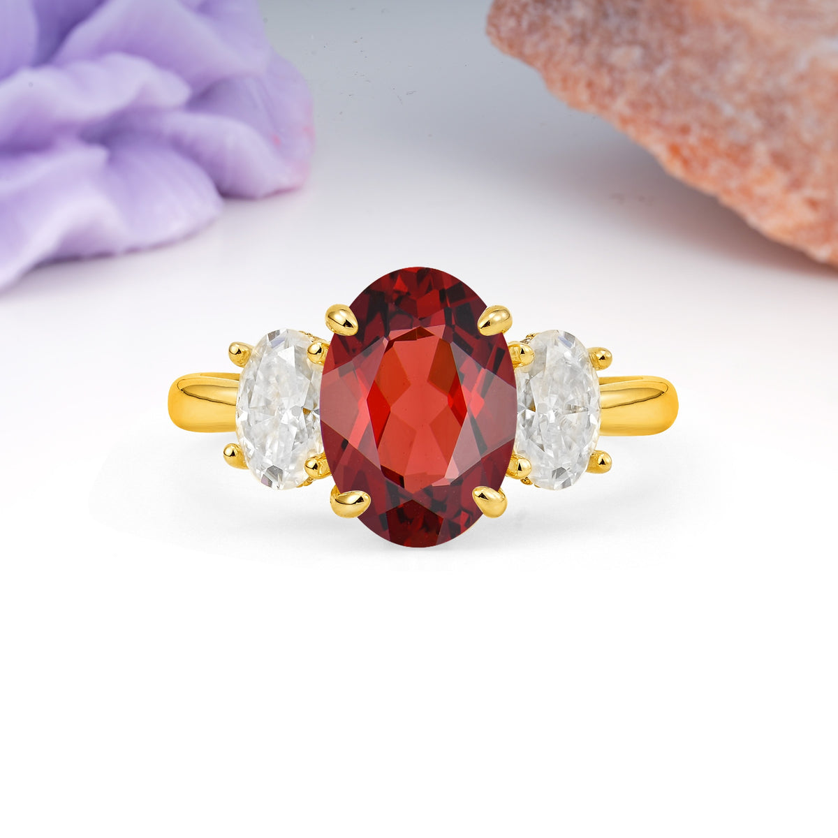 Three Stone Oval Center Solitaire Symmetric Oval Cut Side Ball Prong Smooth Shank Garnet Engagement Ring - Additional view