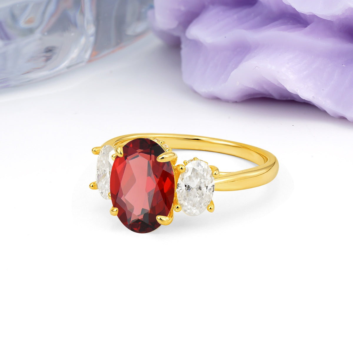 Three Stone Oval Center Solitaire Symmetric Oval Cut Side Ball Prong Smooth Shank Garnet Engagement Ring - Additional view