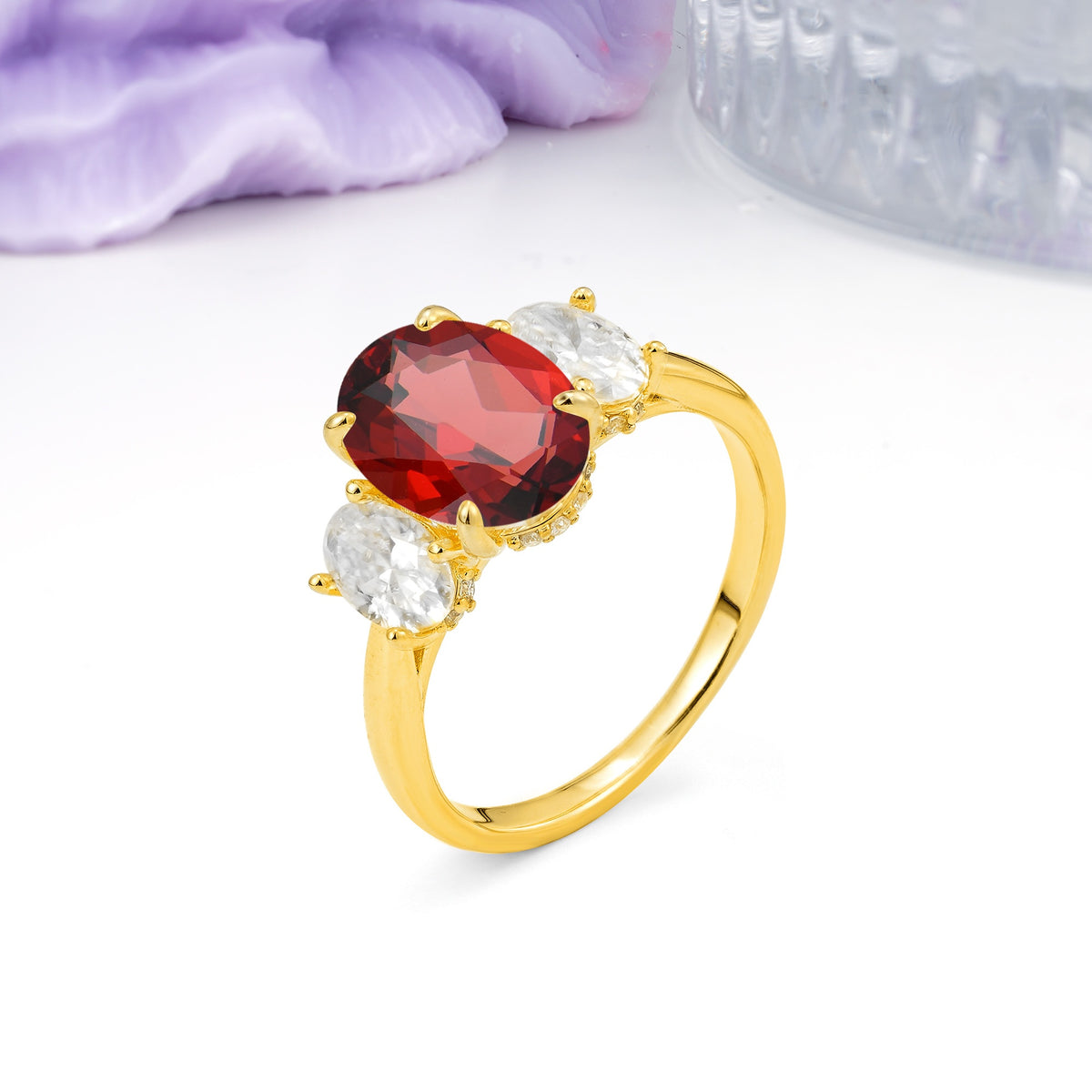 Three Stone Oval Center Solitaire Symmetric Oval Cut Side Ball Prong Smooth Shank Garnet Engagement Ring - Additional view