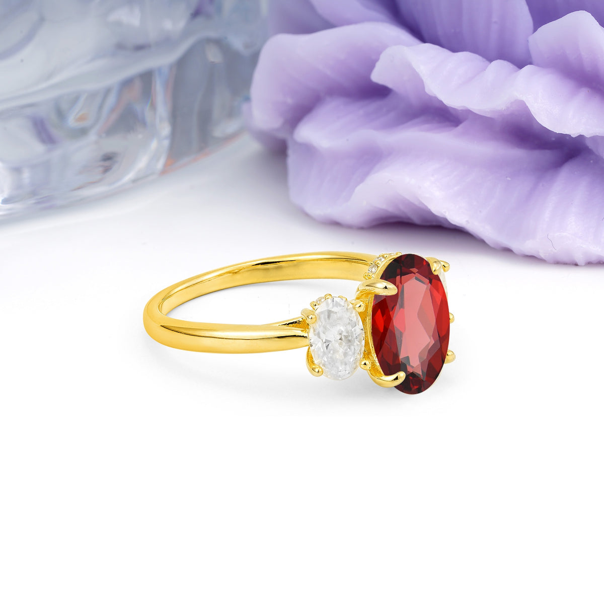 Three Stone Oval Center Solitaire Symmetric Oval Cut Side Ball Prong Smooth Shank Garnet Engagement Ring - Additional view