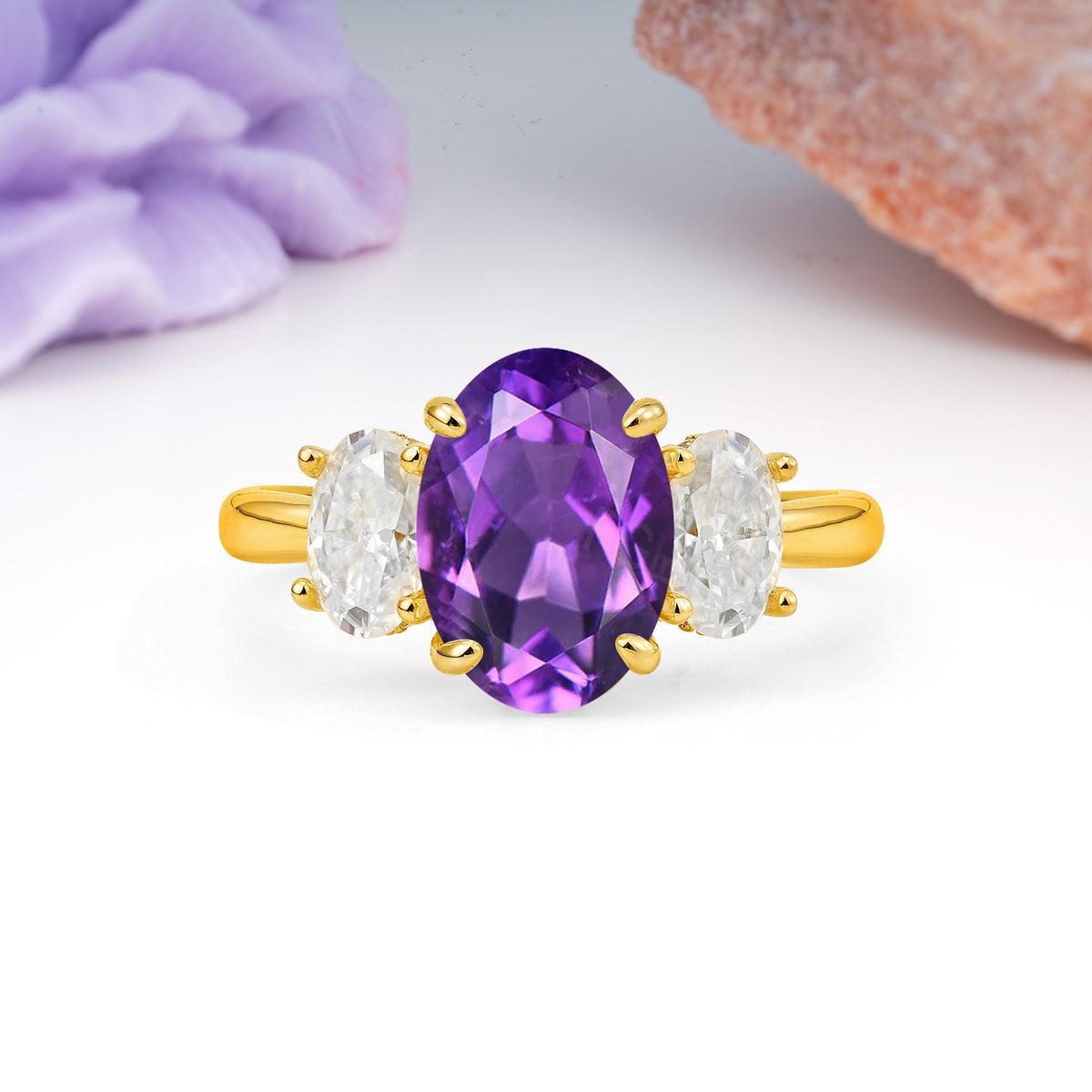 Three Stone Oval Center Solitaire Symmetric Oval Cut Side Ball Prong Smooth Shank Amethyst Engagement Ring - Additional view