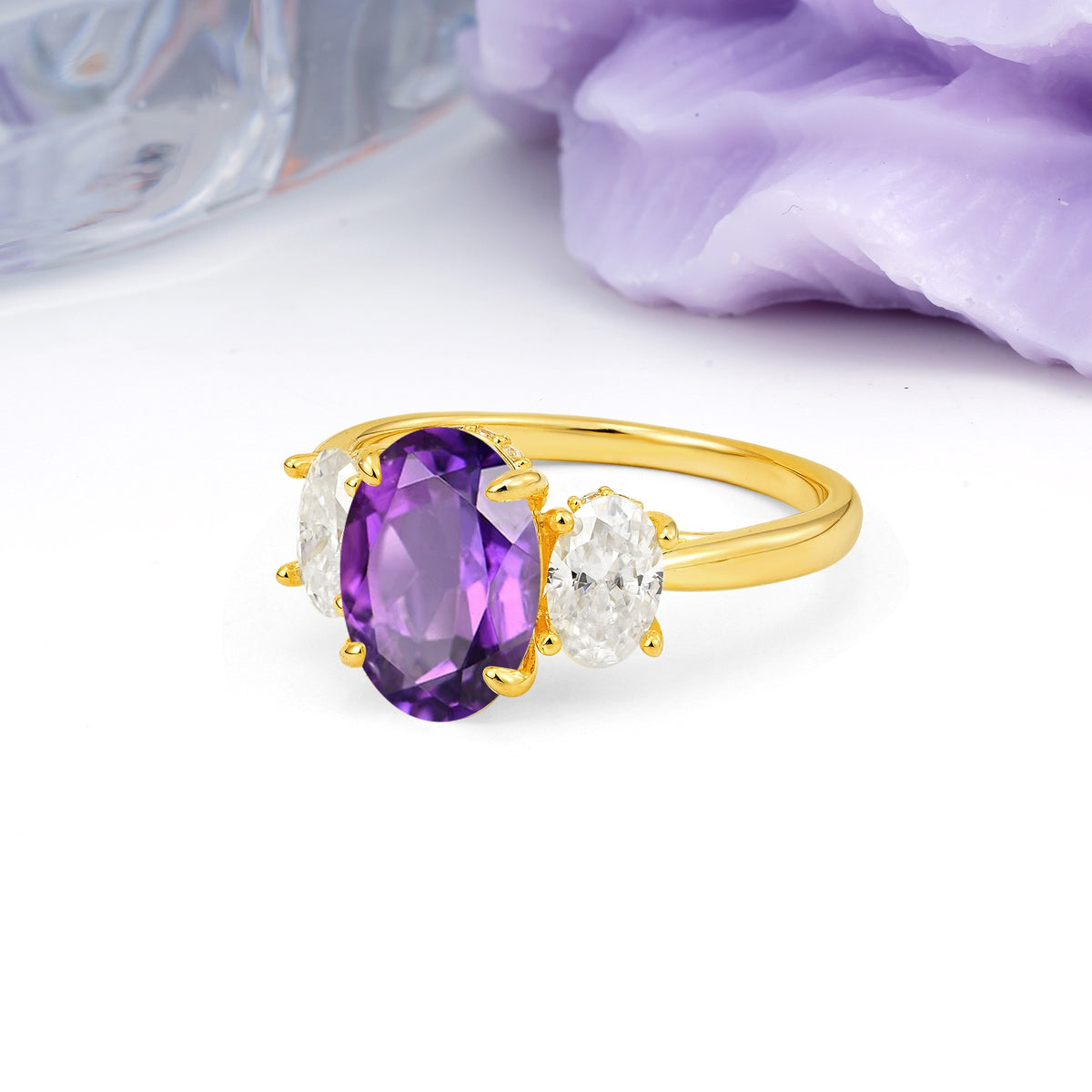 Three Stone Oval Center Solitaire Symmetric Oval Cut Side Ball Prong Smooth Shank Amethyst Engagement Ring - Additional view
