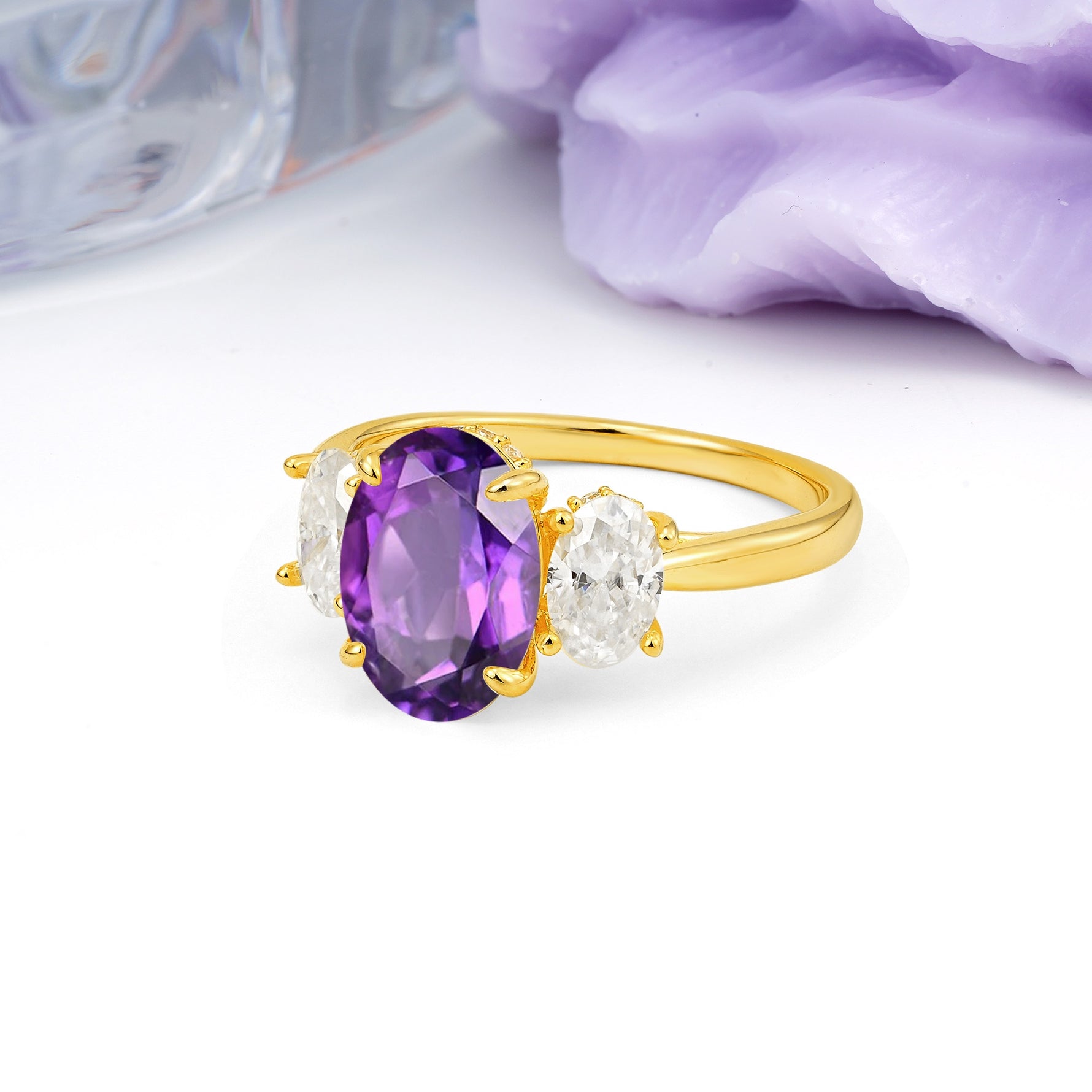Three Stone Oval Center Solitaire Symmetric Oval Cut Side Ball Prong Smooth Shank Amethyst Engagement Ring - Additional view