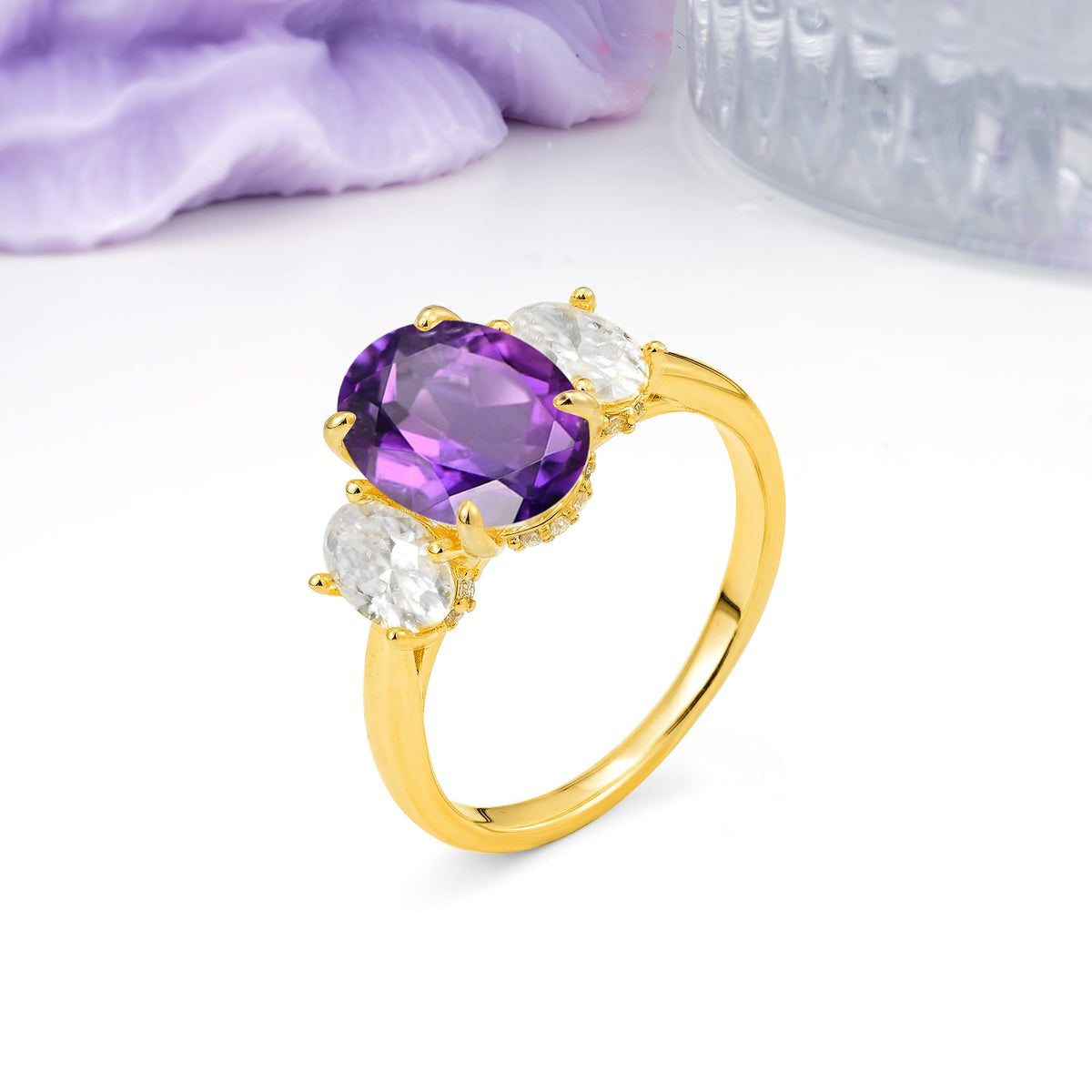 Three Stone Oval Center Solitaire Symmetric Oval Cut Side Ball Prong Smooth Shank Amethyst Engagement Ring - Additional view
