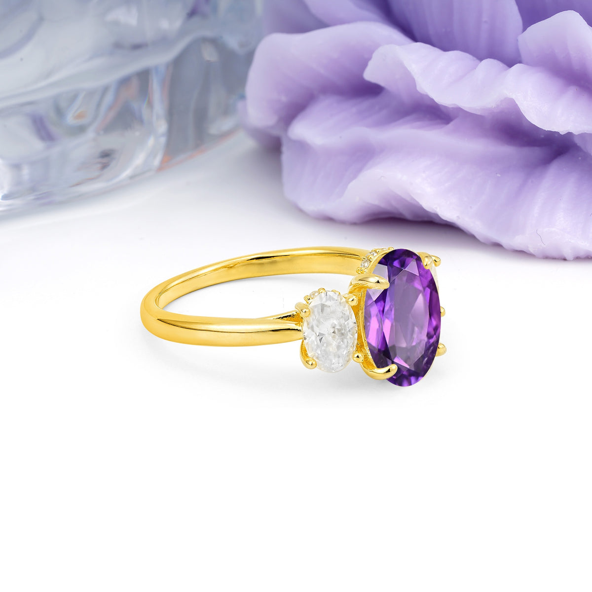 Three Stone Oval Center Solitaire Symmetric Oval Cut Side Ball Prong Smooth Shank Amethyst Engagement Ring - Additional view