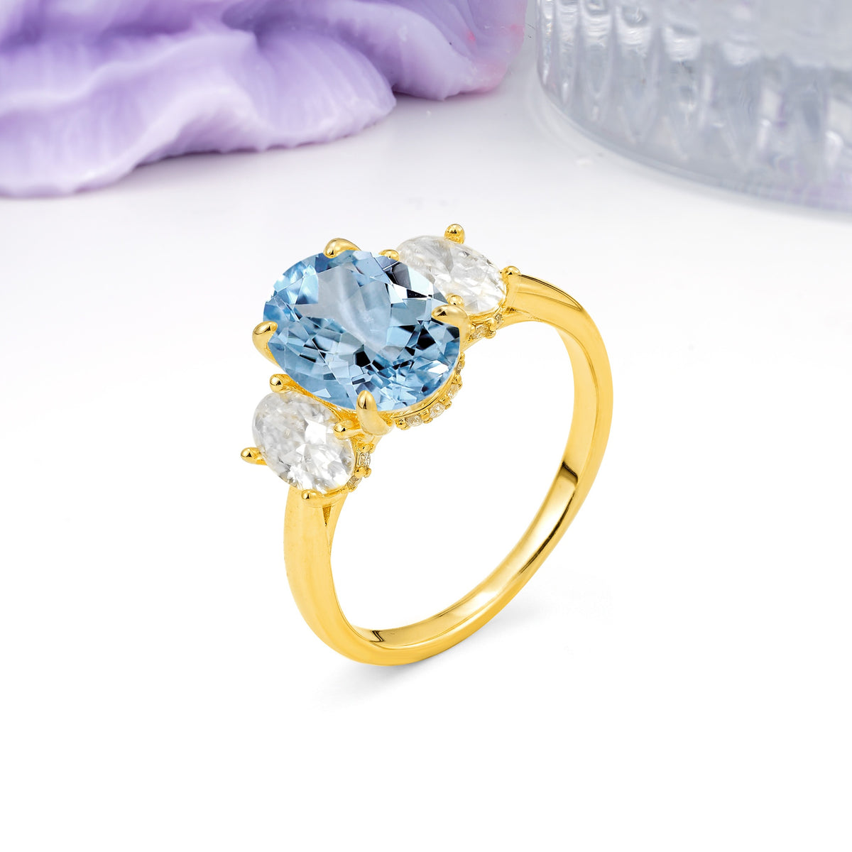 Three Stone Oval Center Solitaire Symmetric Oval Cut Side Ball Prong Smooth Shank Aquamarine Engagement Ring - Additional view