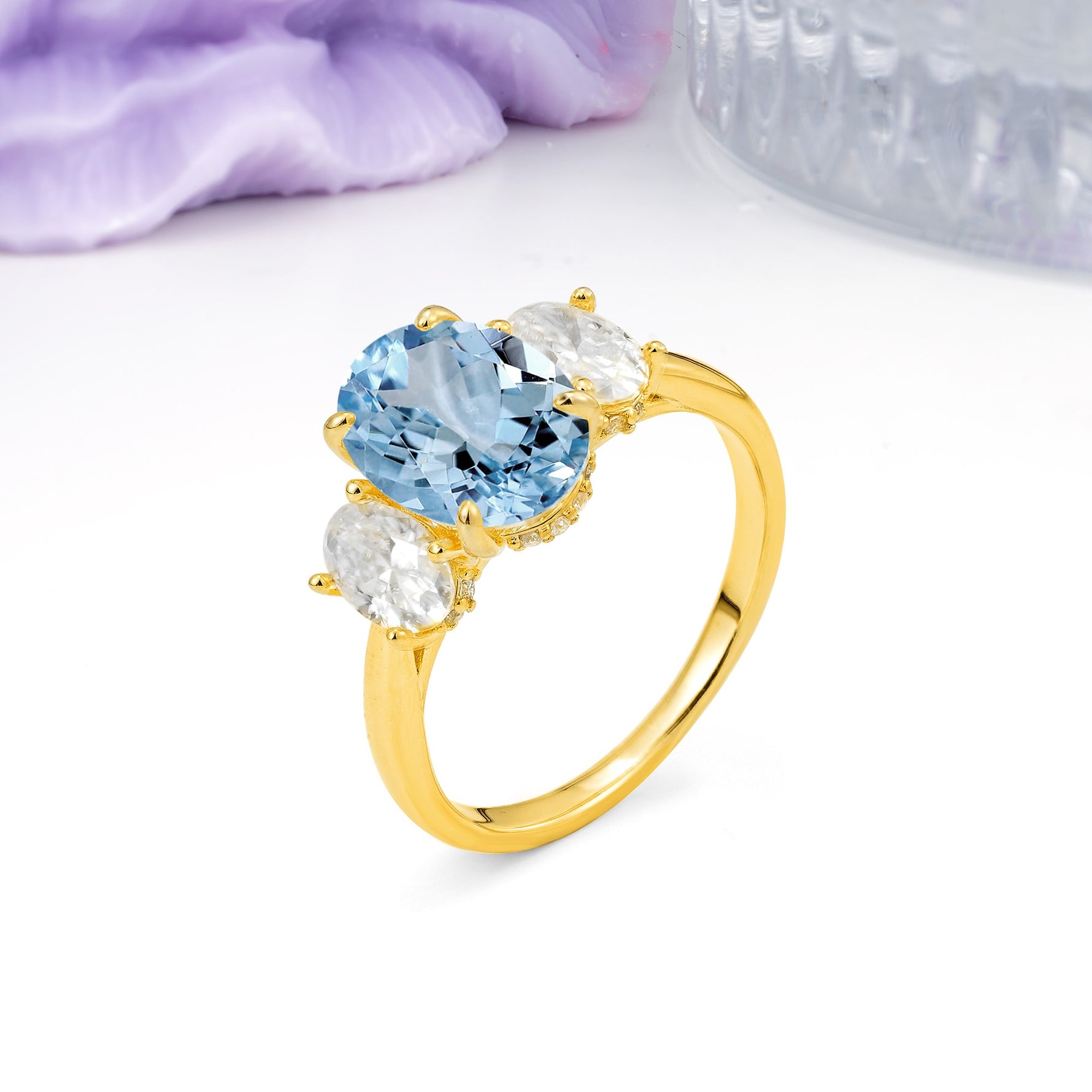 Three Stone Oval Center Solitaire Symmetric Oval Cut Side Ball Prong Smooth Shank Aquamarine Engagement Ring - Additional view