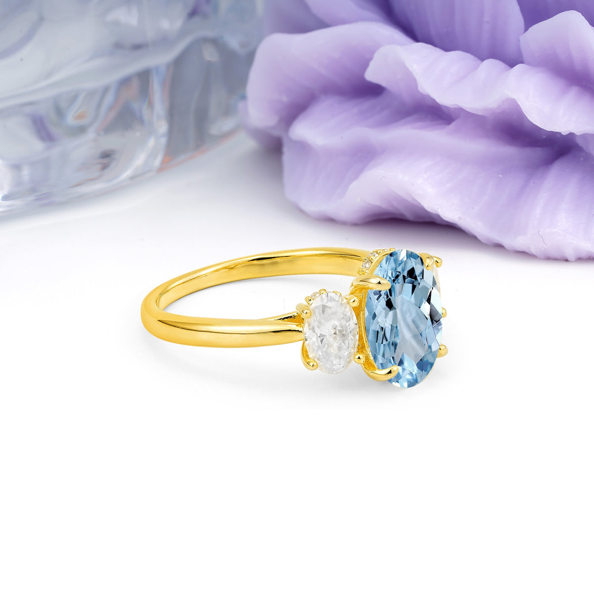 Three Stone Oval Center Solitaire Symmetric Oval Cut Side Ball Prong Smooth Shank Aquamarine Engagement Ring - Additional view