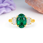 Three Stone Oval Center Solitaire Symmetric Oval Cut Side Ball Prong Smooth Shank Emerald Engagement Ring - Additional view