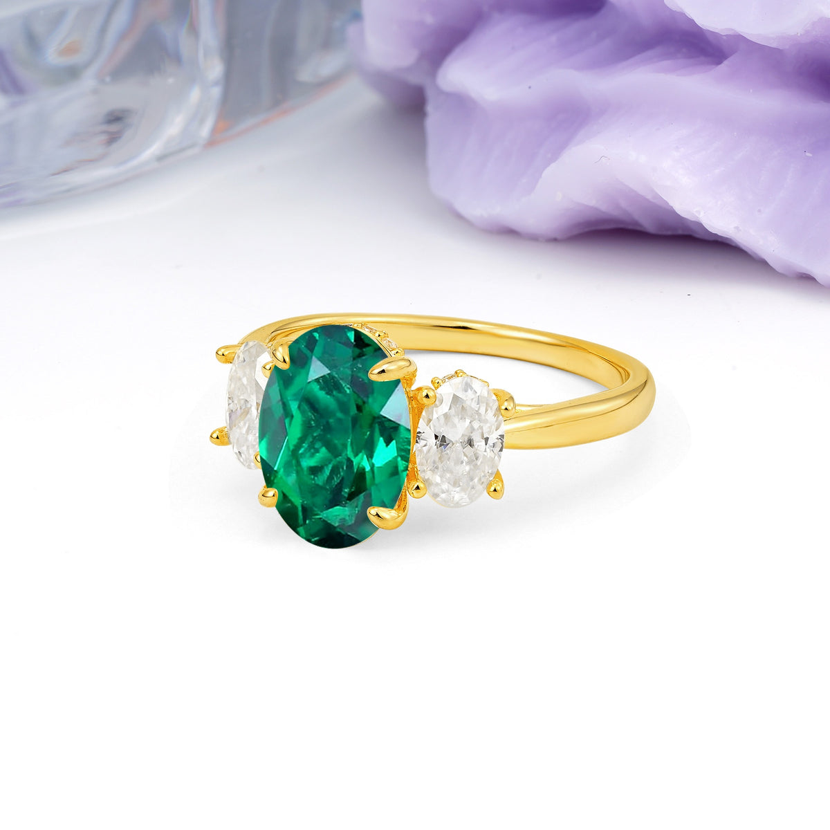 Three Stone Oval Center Solitaire Symmetric Oval Cut Side Ball Prong Smooth Shank Emerald Engagement Ring - Additional view