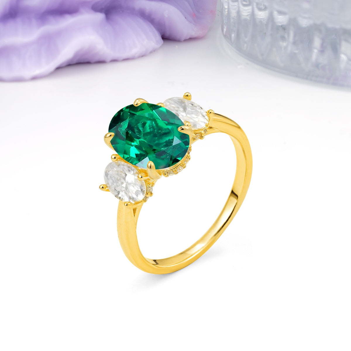Three Stone Oval Center Solitaire Symmetric Oval Cut Side Ball Prong Smooth Shank Emerald Engagement Ring - Additional view