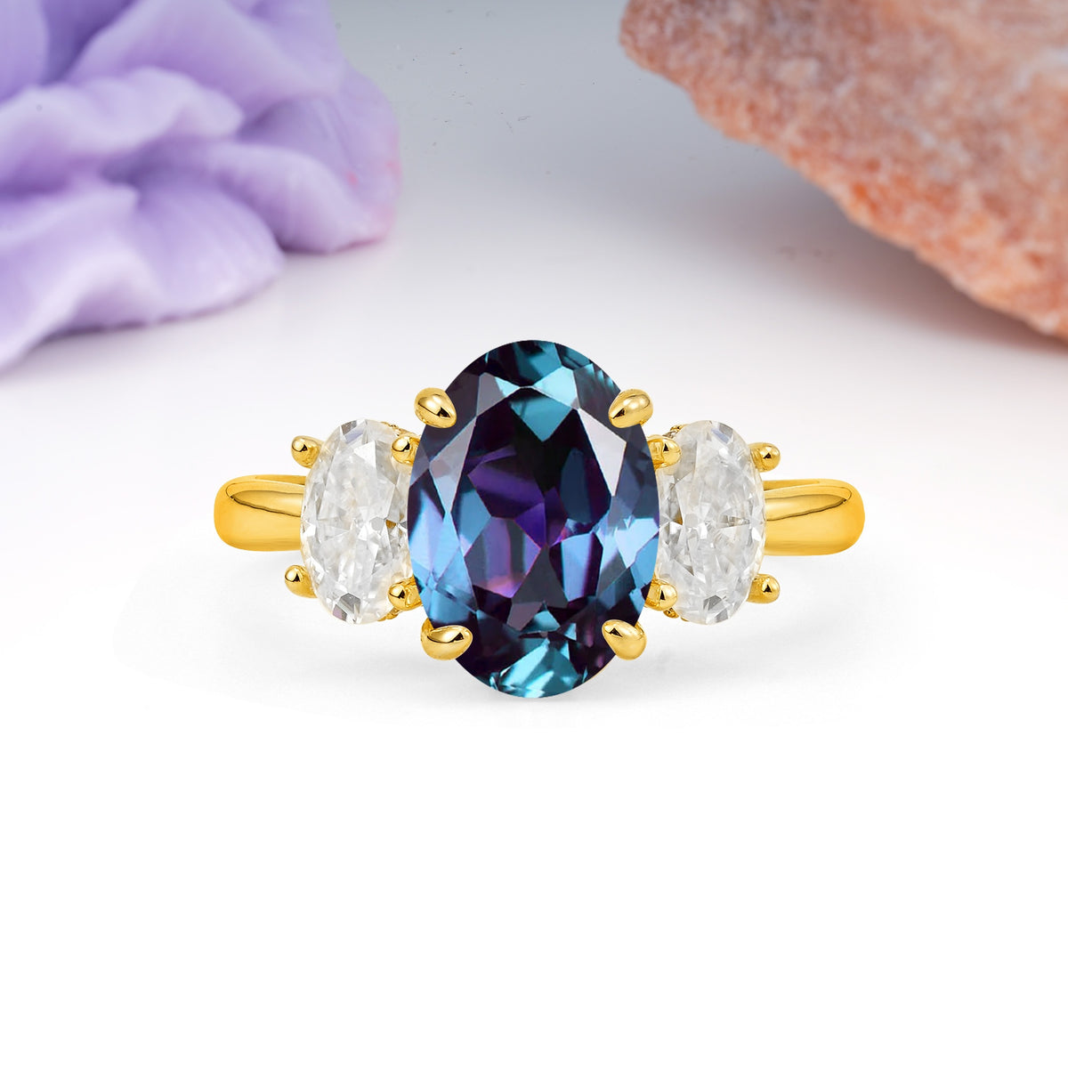Three Stone Oval Center Solitaire Symmetric Oval Cut Side Ball Prong Smooth Shank Alexandrite Engagement Ring - Additional view