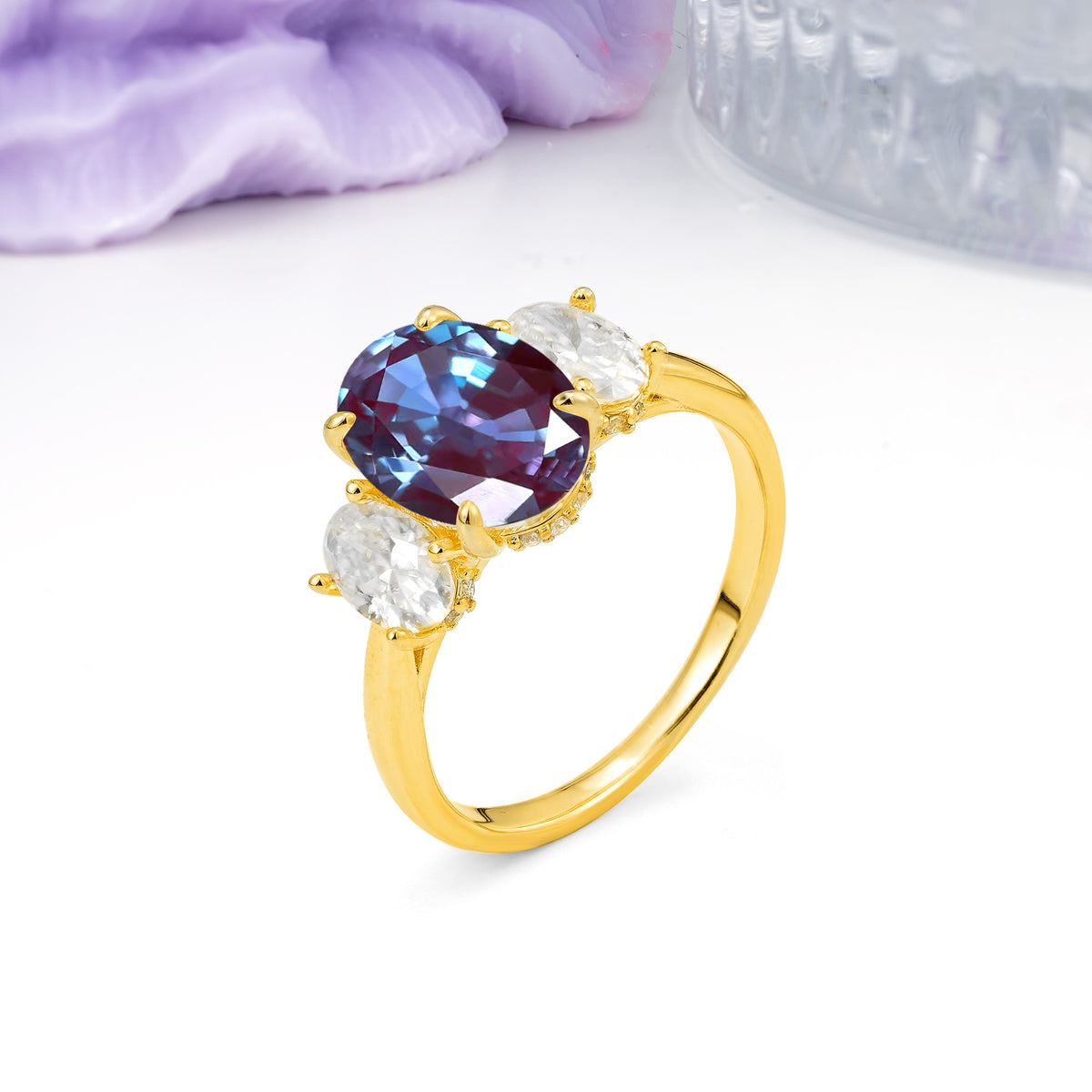 Three Stone Oval Center Solitaire Symmetric Oval Cut Side Ball Prong Smooth Shank Alexandrite Engagement Ring - Additional view