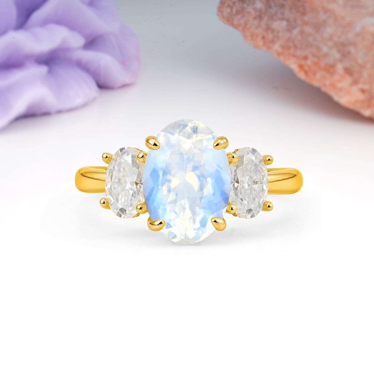 Three Stone Oval Center Solitaire Symmetric Oval Cut Side Ball Prong Smooth Shank Moonstone Engagement Ring - Additional view