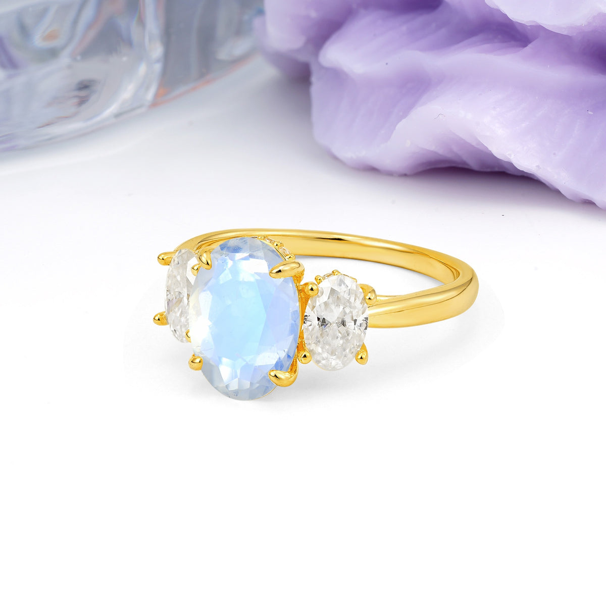 Three Stone Oval Center Solitaire Symmetric Oval Cut Side Ball Prong Smooth Shank Moonstone Engagement Ring - Additional view