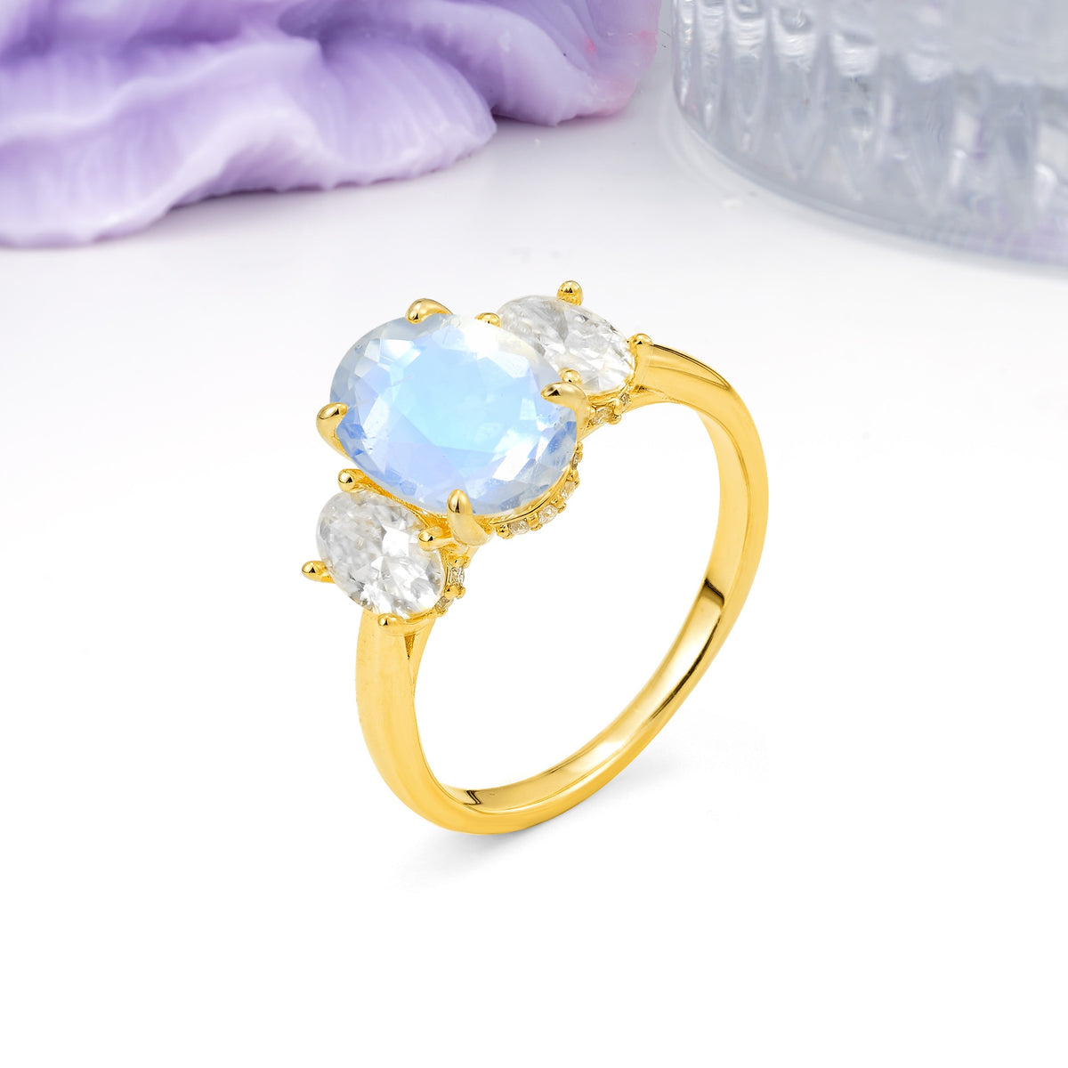Three Stone Oval Center Solitaire Symmetric Oval Cut Side Ball Prong Smooth Shank Moonstone Engagement Ring - Additional view