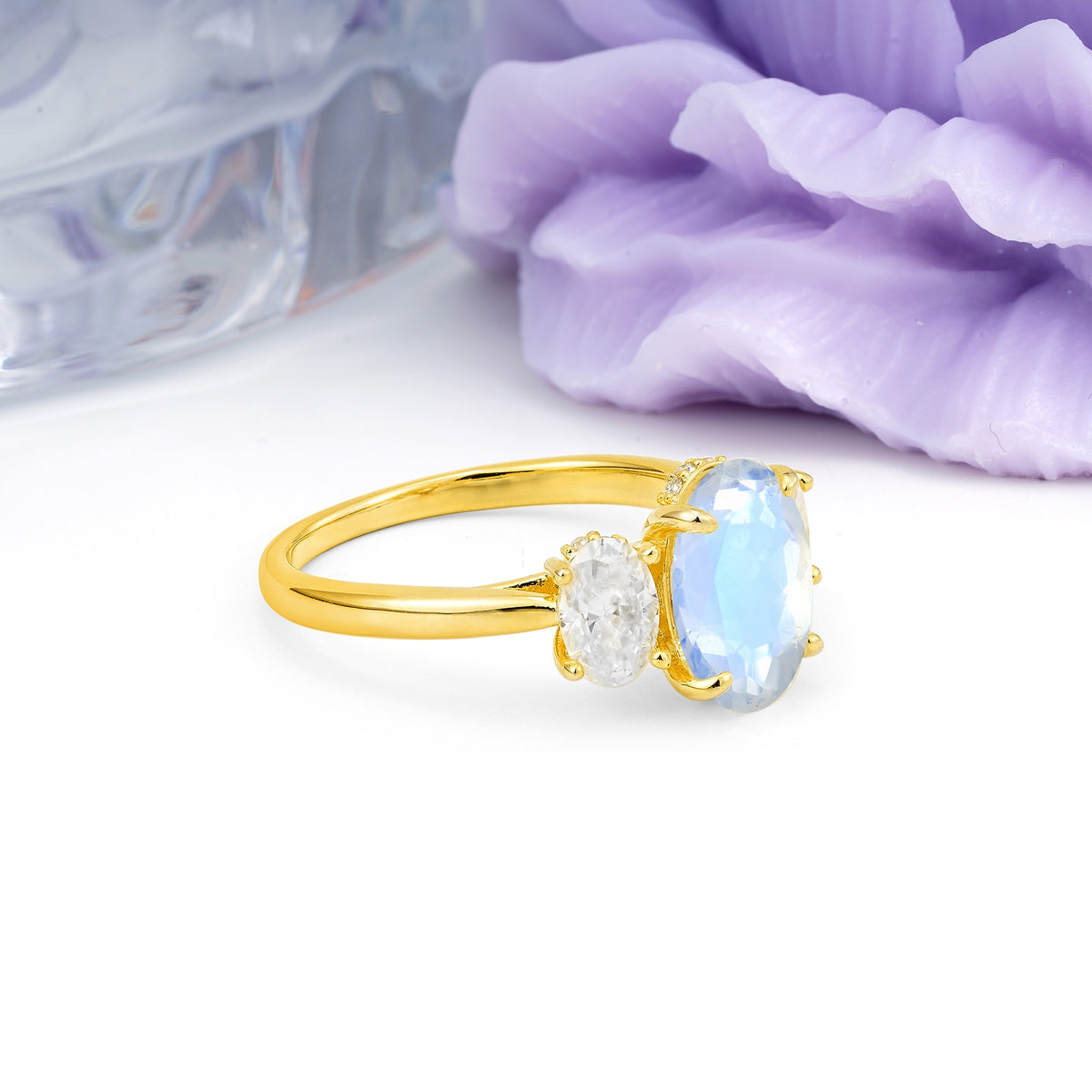 Three Stone Oval Center Solitaire Symmetric Oval Cut Side Ball Prong Smooth Shank Moonstone Engagement Ring - Additional view