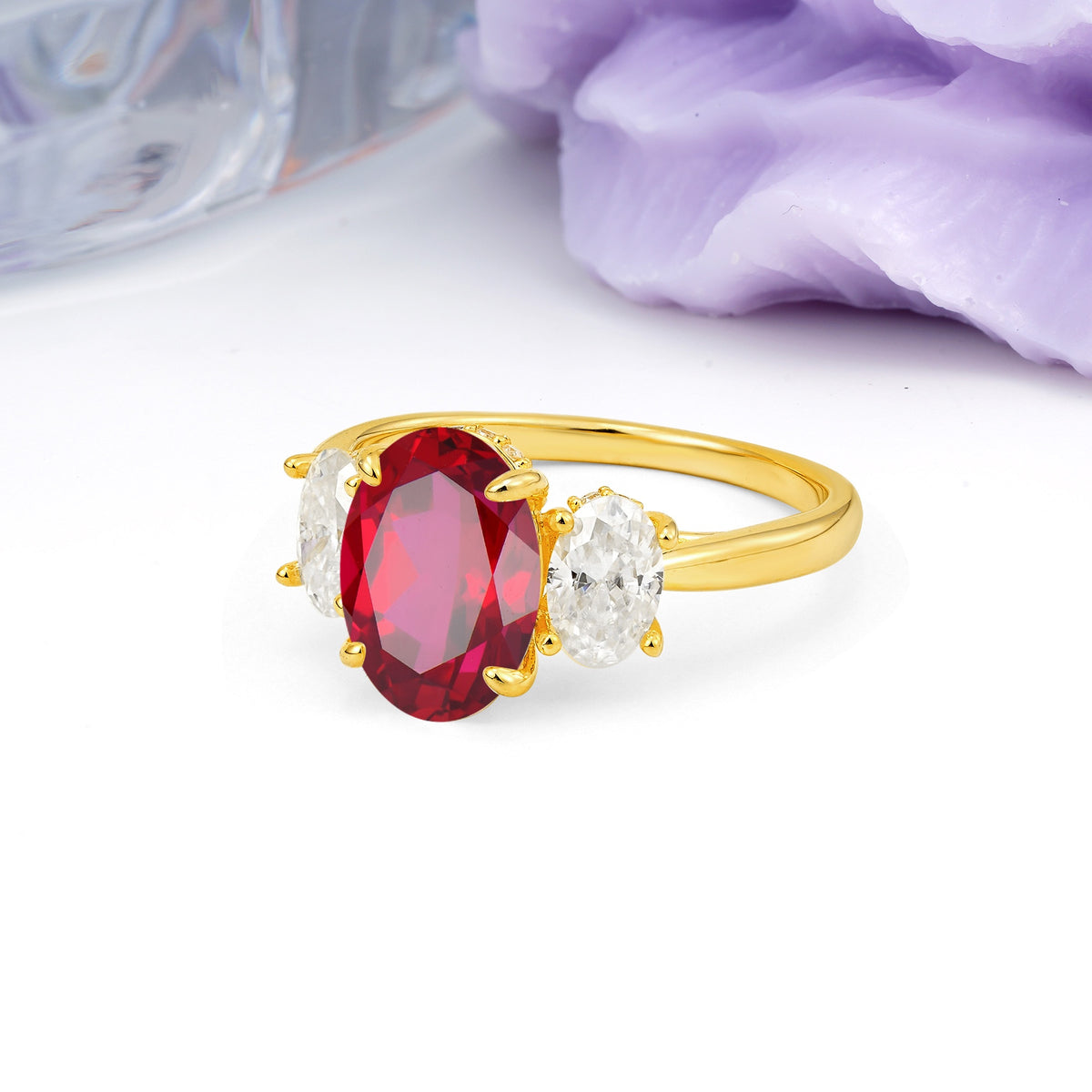 Three Stone Oval Center Solitaire Symmetric Oval Cut Side Ball Prong Smooth Shank Ruby Engagement Ring - Additional view