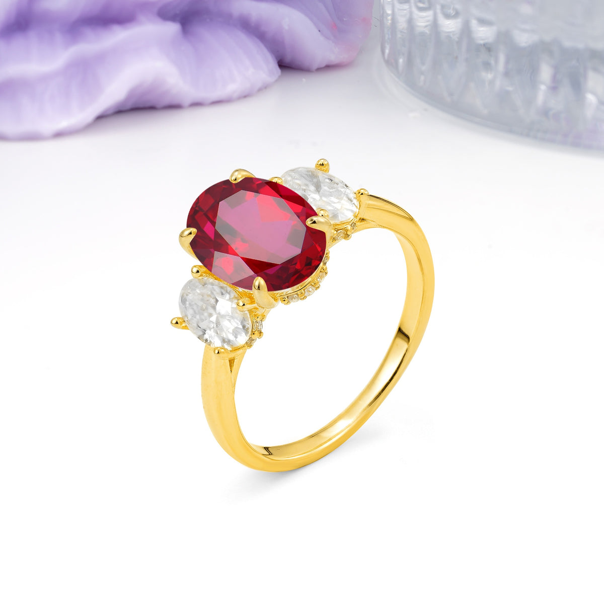 Three Stone Oval Center Solitaire Symmetric Oval Cut Side Ball Prong Smooth Shank Ruby Engagement Ring - Additional view