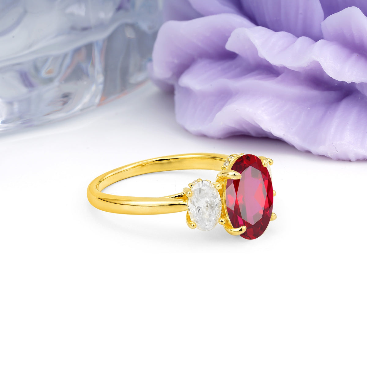 Three Stone Oval Center Solitaire Symmetric Oval Cut Side Ball Prong Smooth Shank Ruby Engagement Ring - Additional view