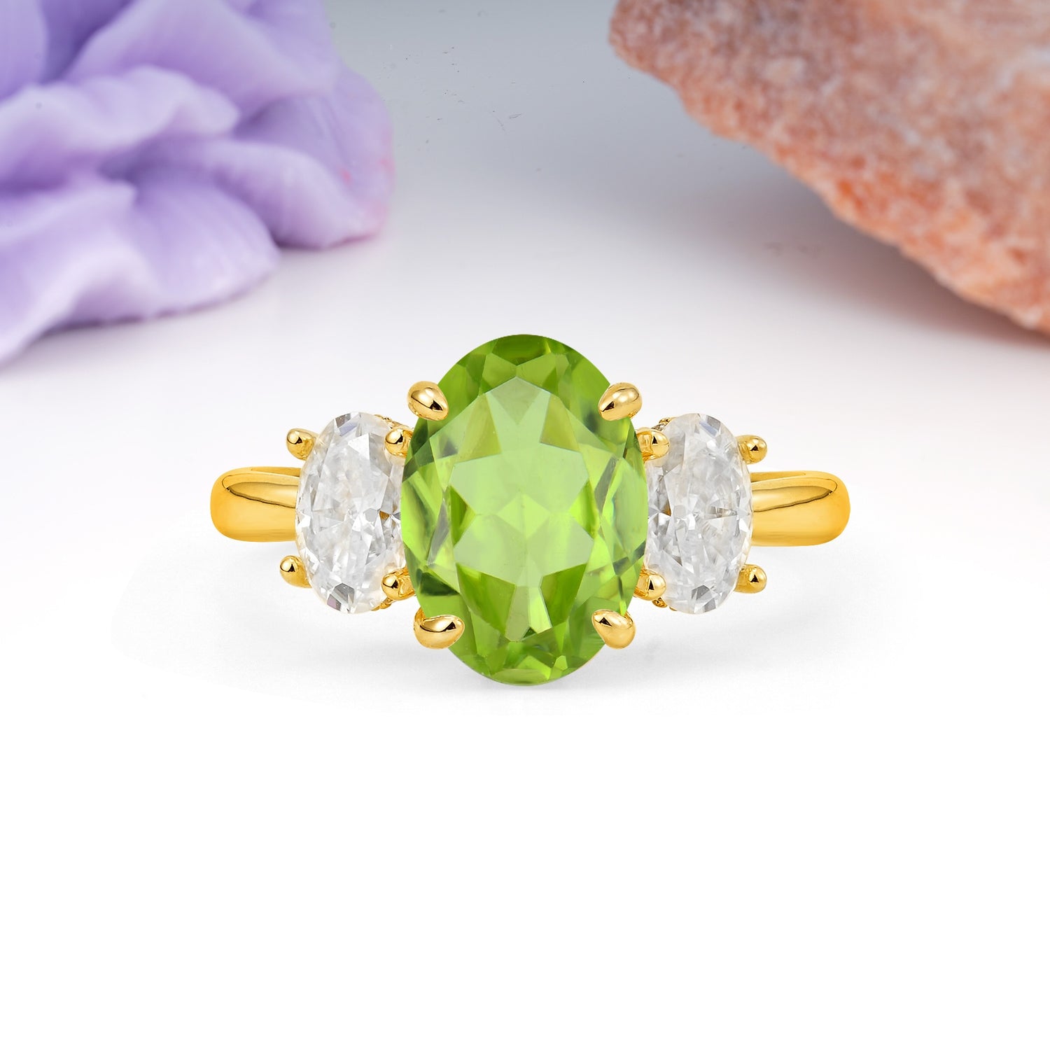 Three Stone Oval Center Solitaire Symmetric Oval Cut Side Ball Prong Smooth Shank Peridot Engagement Ring - Additional view