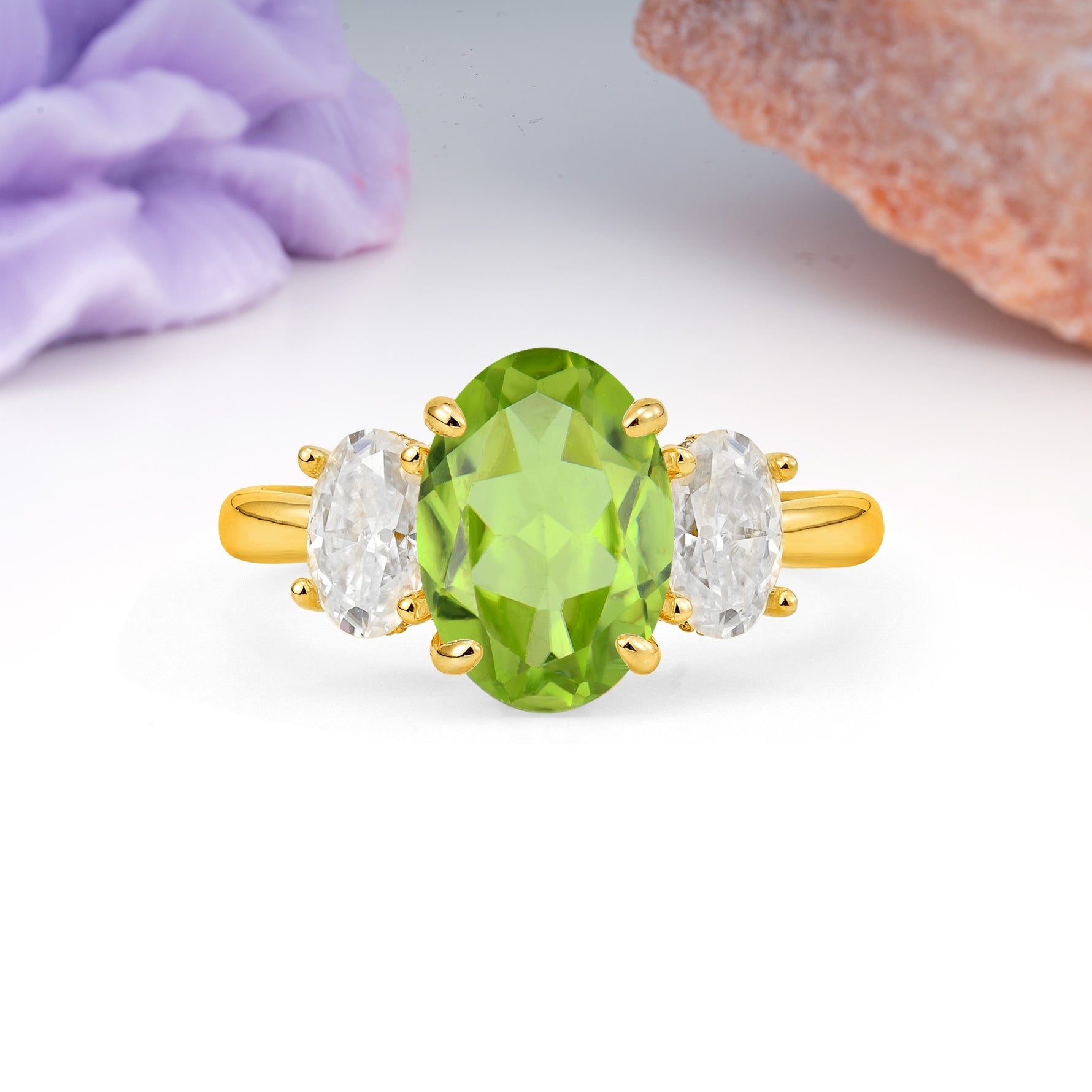 Three Stone Oval Center Solitaire Symmetric Oval Cut Side Ball Prong Smooth Shank Peridot Engagement Ring - Additional view