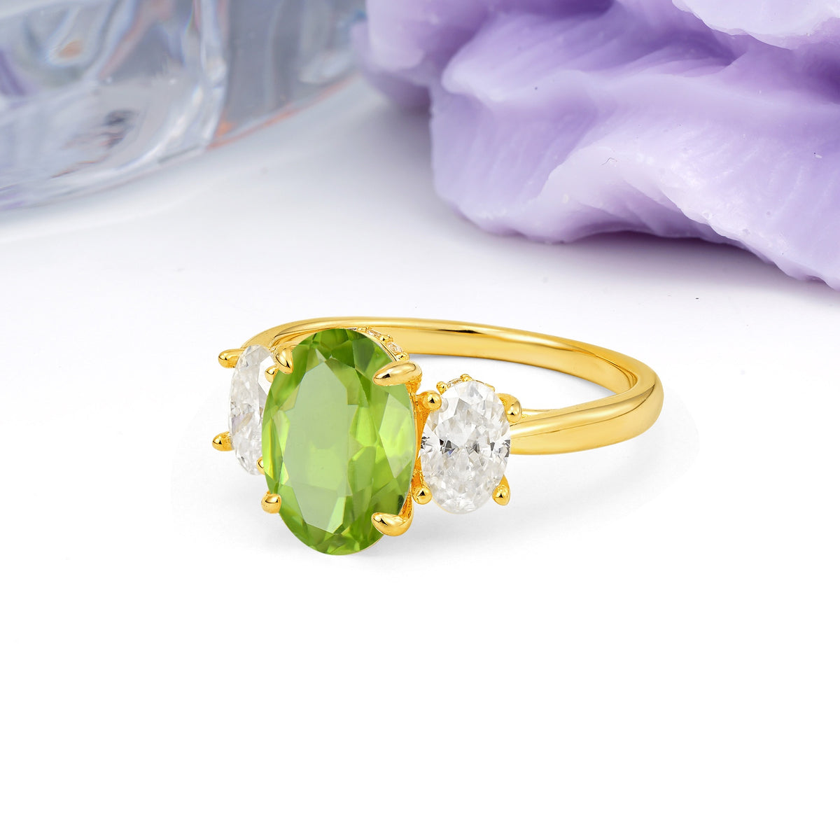 Three Stone Oval Center Solitaire Symmetric Oval Cut Side Ball Prong Smooth Shank Peridot Engagement Ring - Additional view