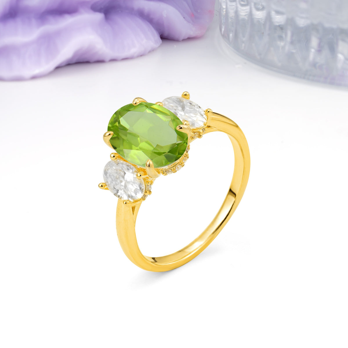Three Stone Oval Center Solitaire Symmetric Oval Cut Side Ball Prong Smooth Shank Peridot Engagement Ring - Additional view