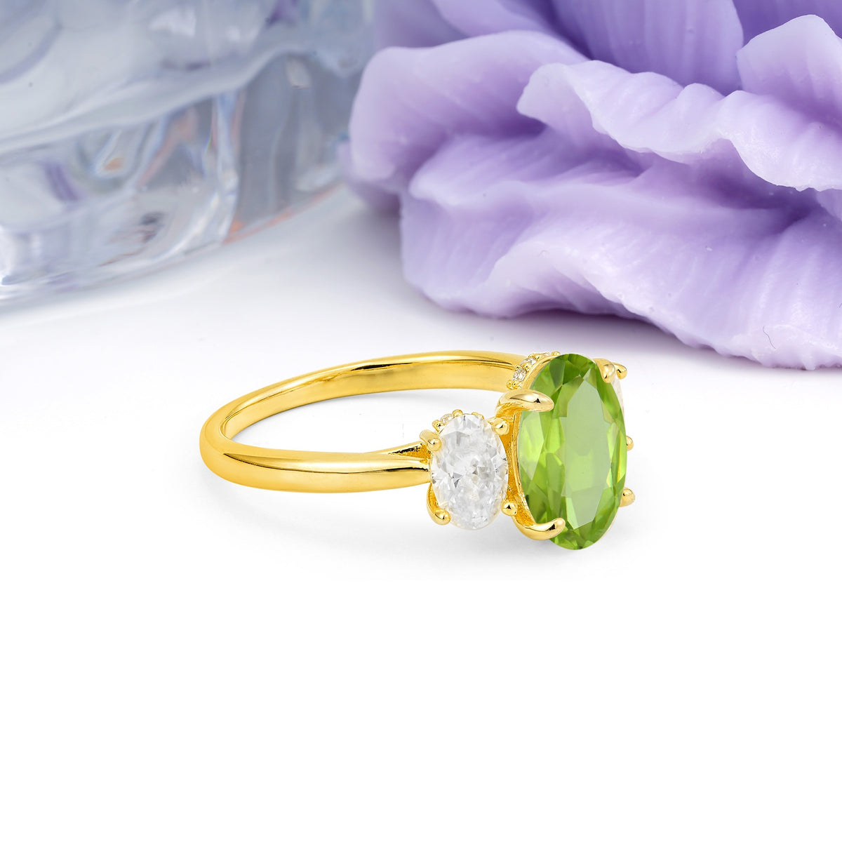 Three Stone Oval Center Solitaire Symmetric Oval Cut Side Ball Prong Smooth Shank Peridot Engagement Ring - Additional view