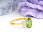 Three Stone Oval Center Solitaire Symmetric Oval Cut Side Ball Prong Smooth Shank Peridot Engagement Ring - Additional view