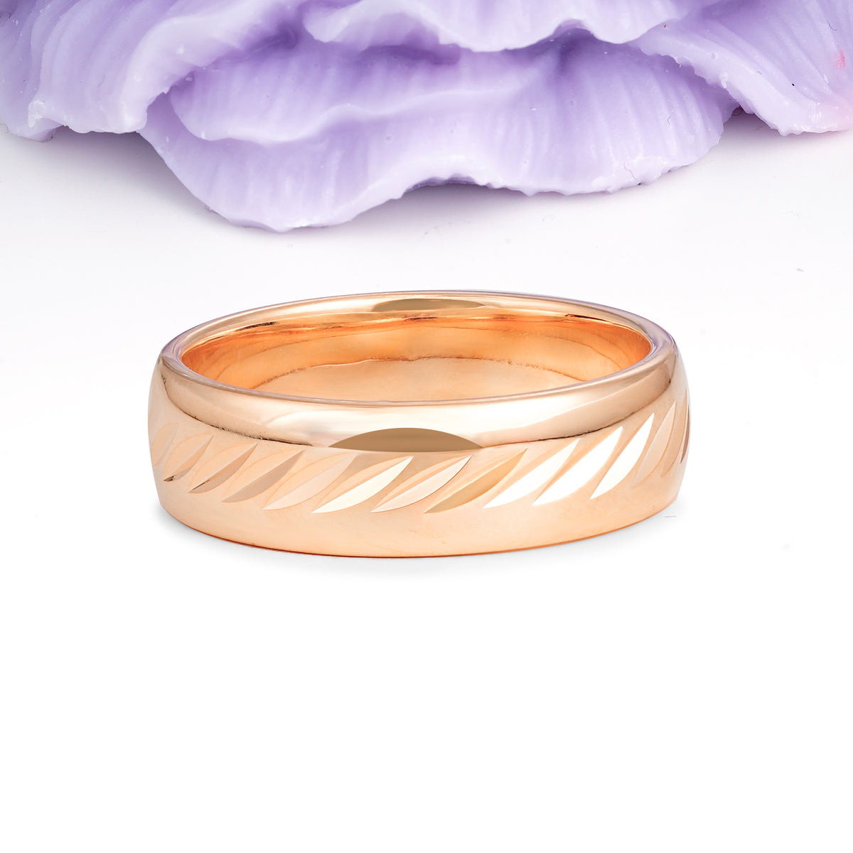 Domed Wide?Band Diagonal Laser?Cut Groove Polished Gold Wedding Ring - Additional view
