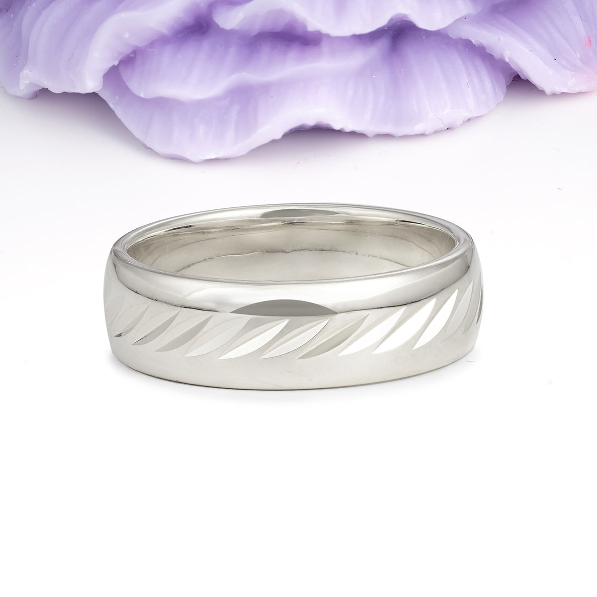 Domed Wide?Band Diagonal Laser?Cut Groove Polished Gold Wedding Ring - Additional view